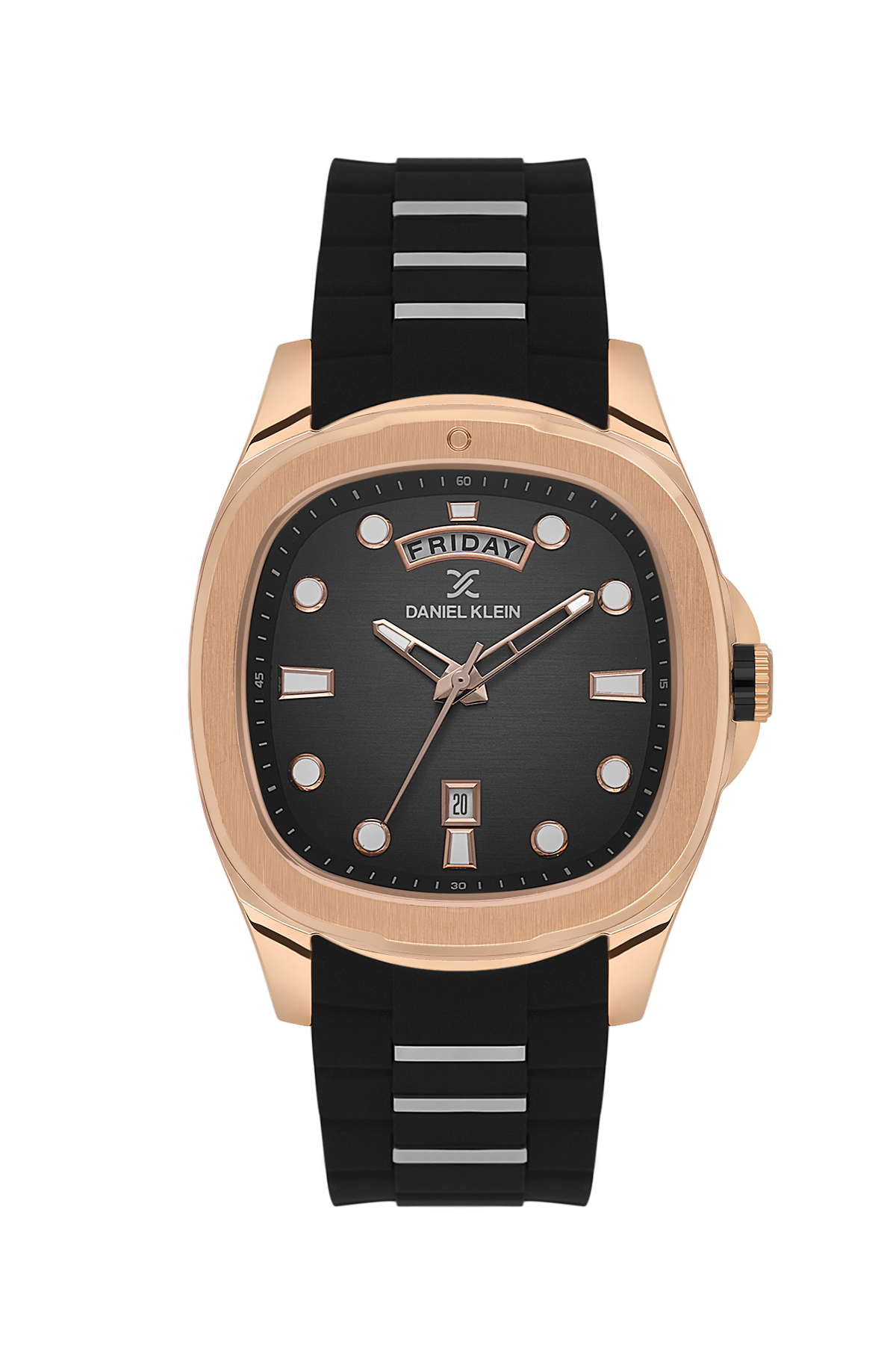 Wristwatch with black strap and rose gold case on white background