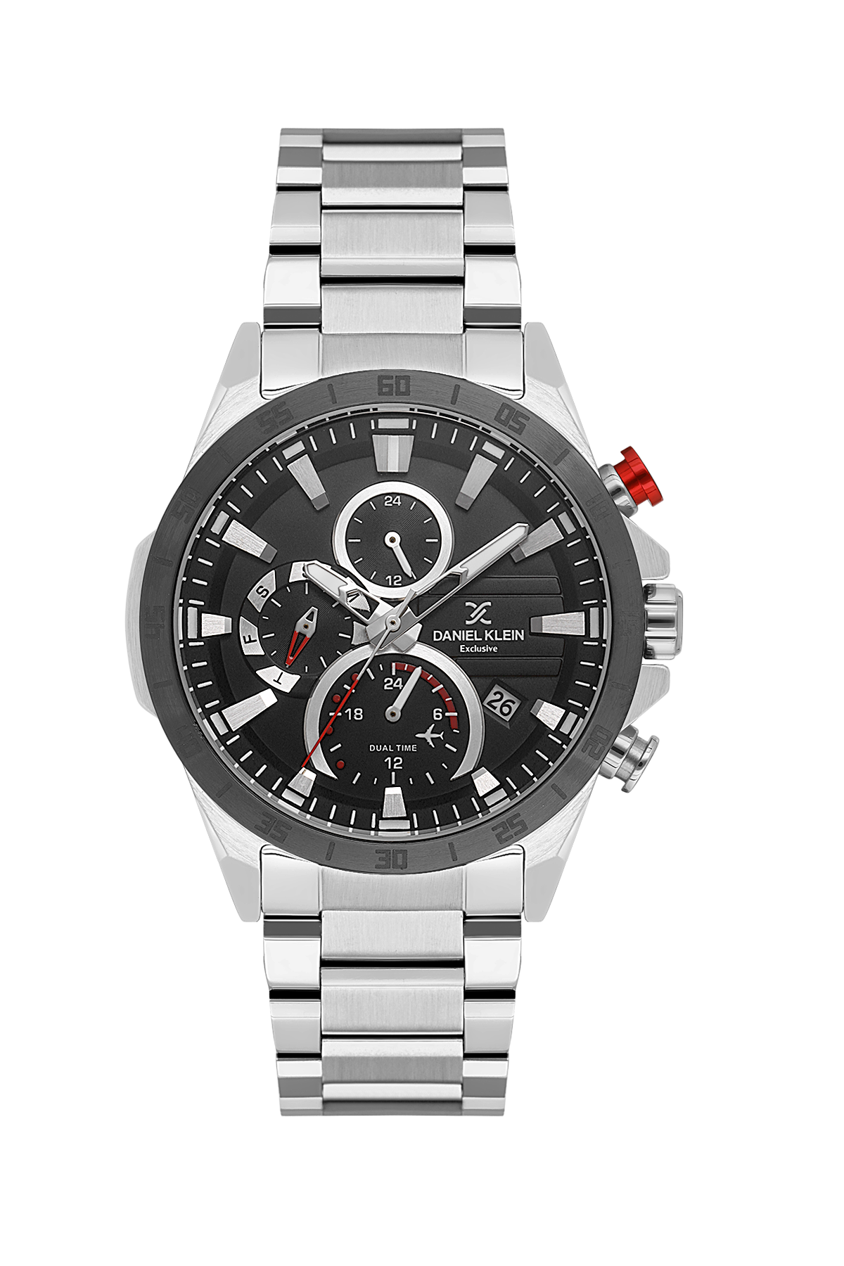 Silver watch with black face on a white background