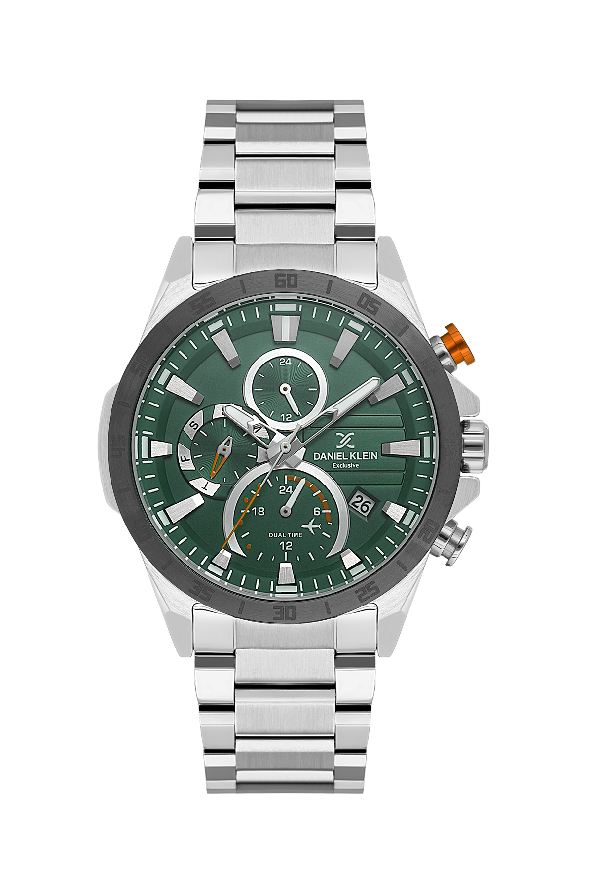 Silver watch with green face on a white background