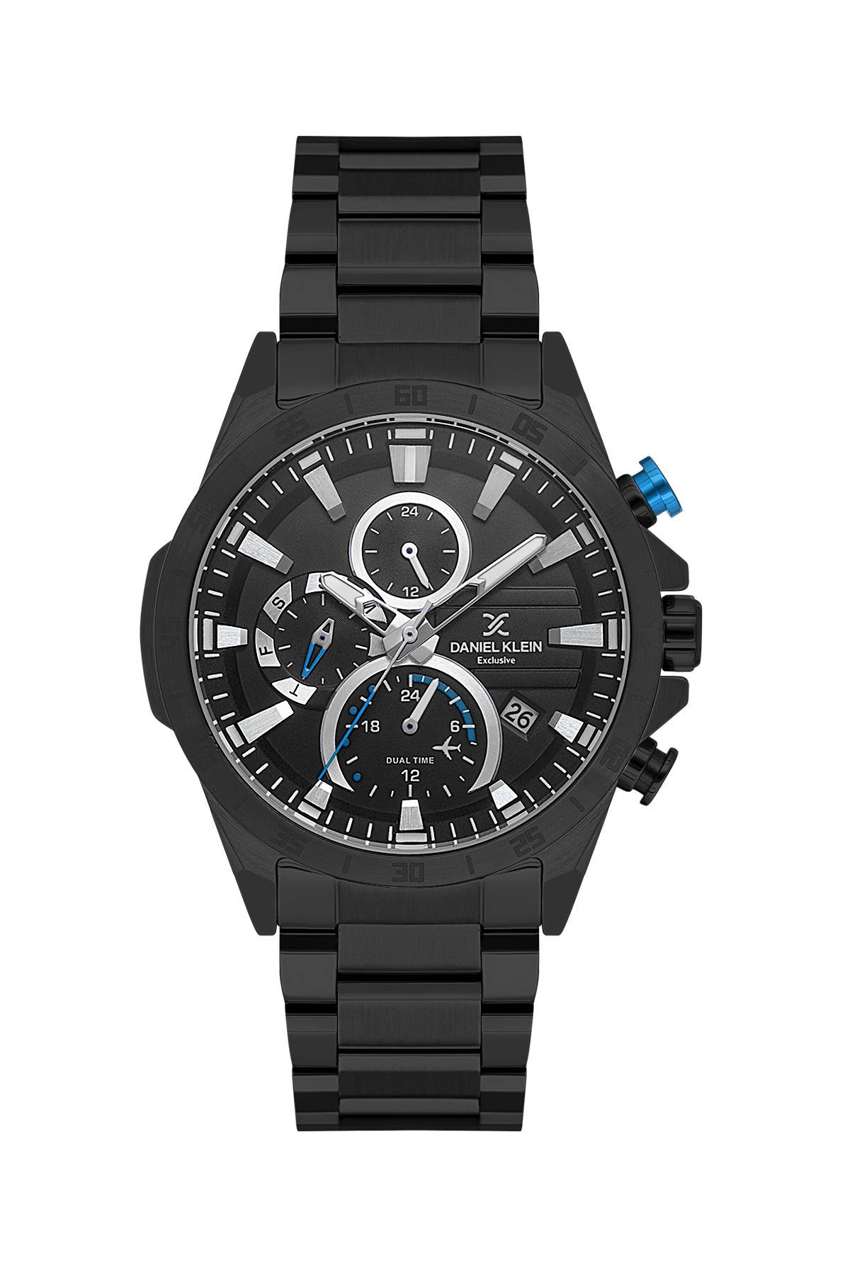 Black wristwatch with detailed face on a white background