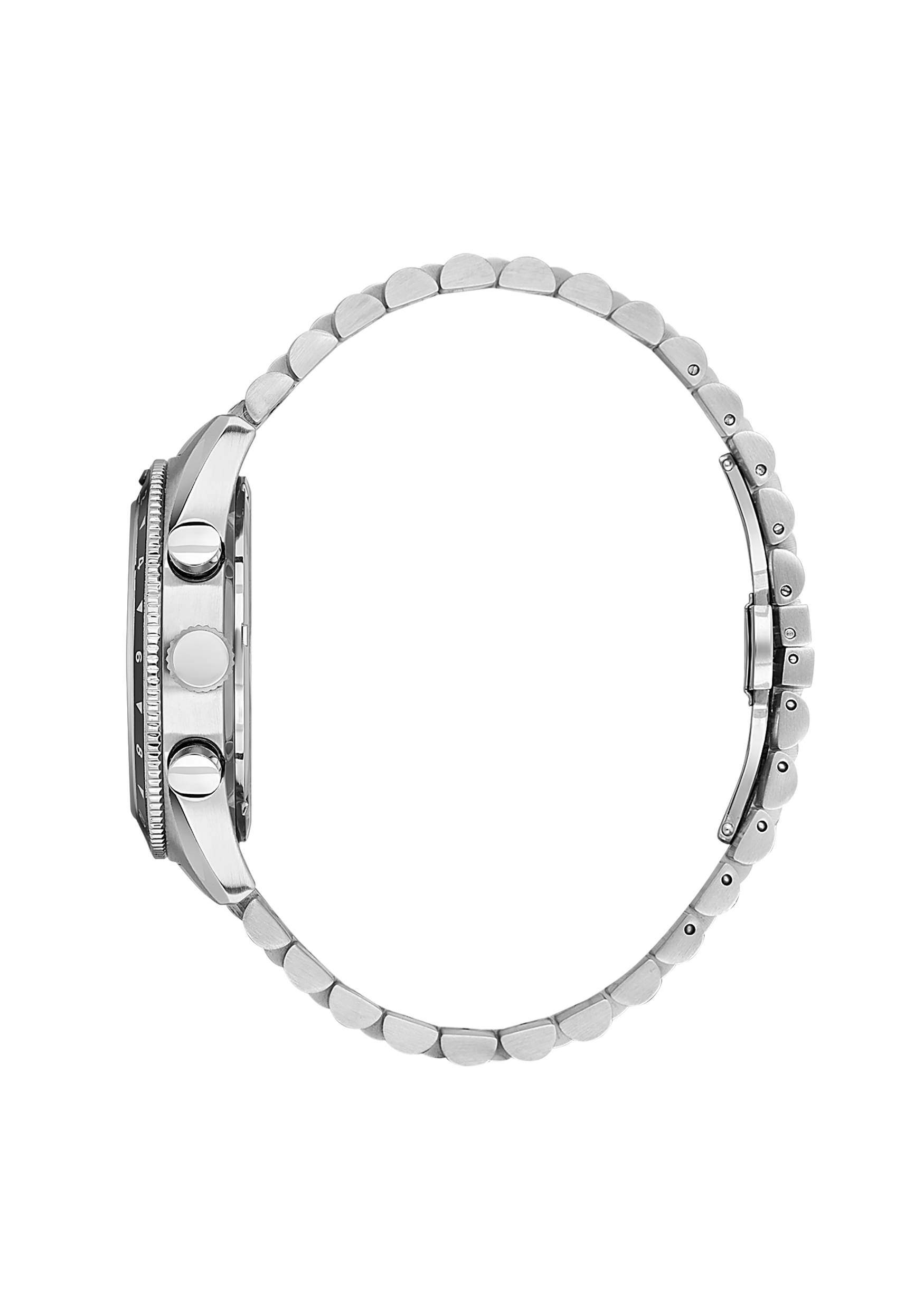 Close-up of a silver watch with a detailed metal band on a white background