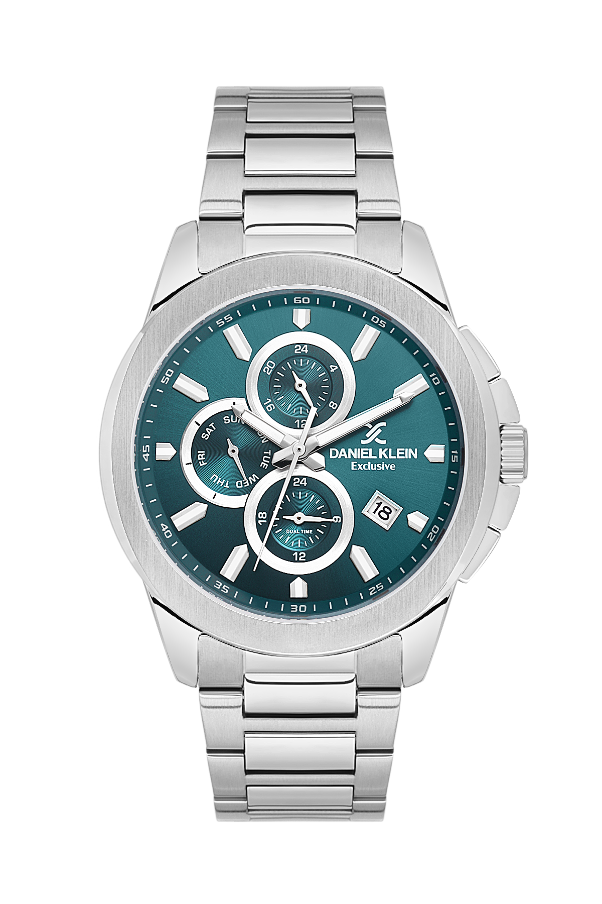 Silver watch with a blue face on a white background
