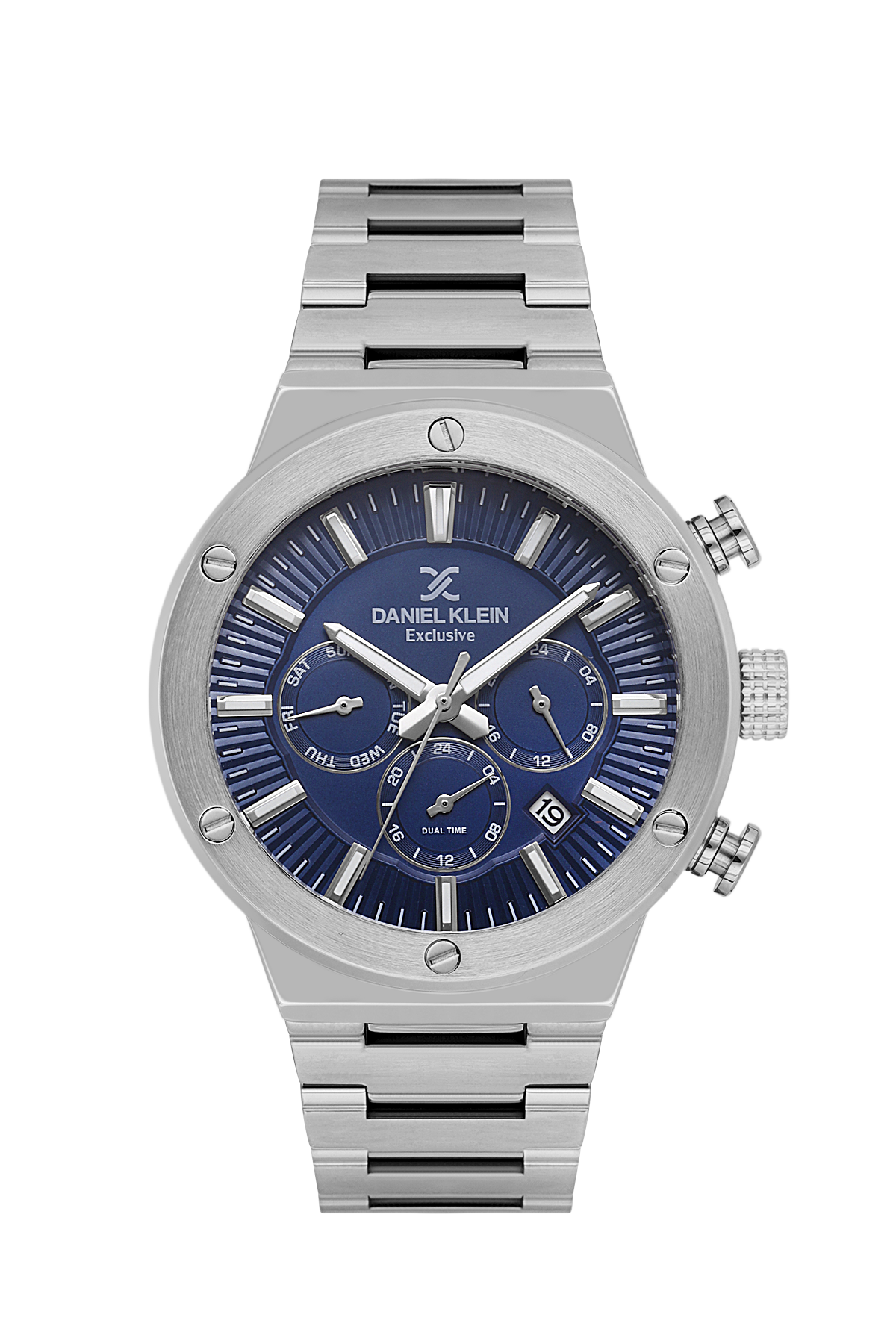 Silver watch with blue face on a white background