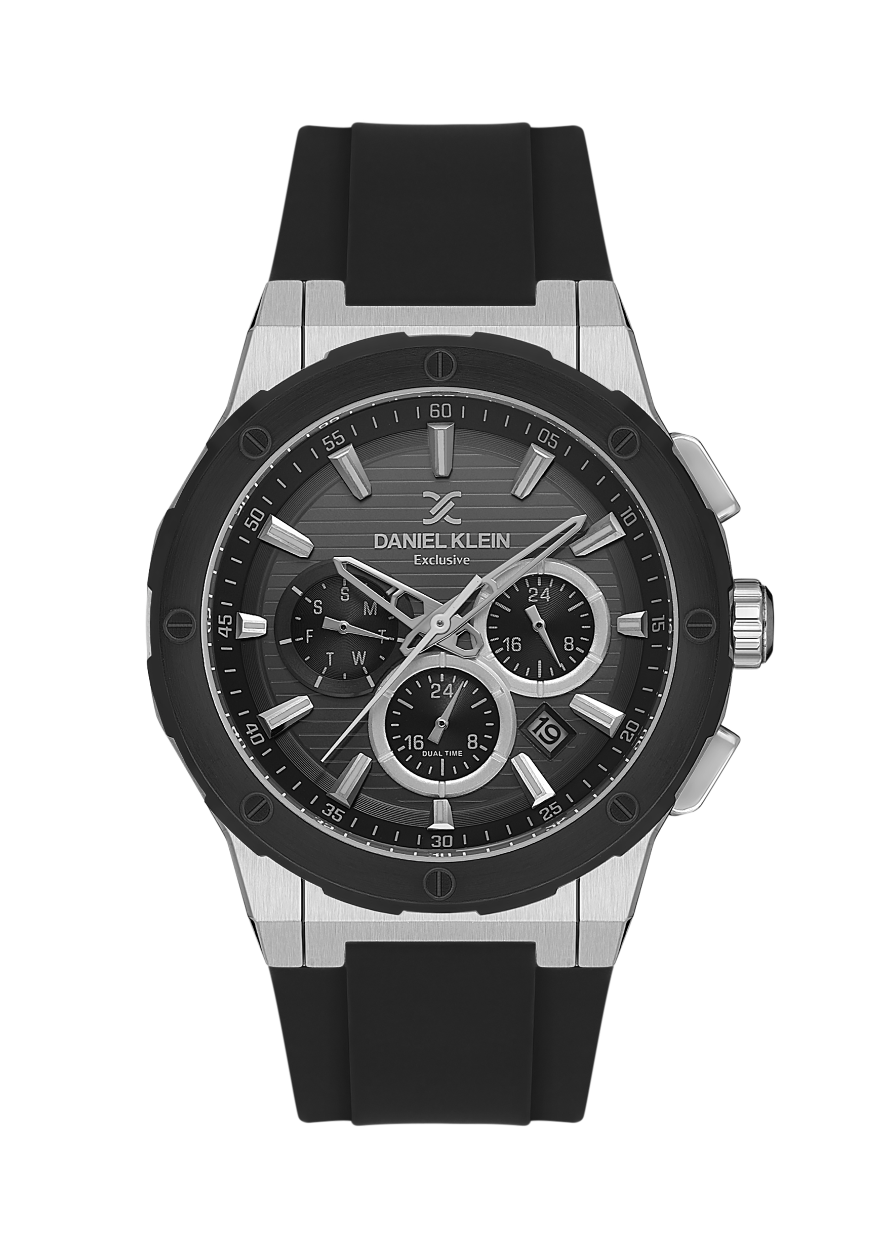 Black watch with silver accents on a white background