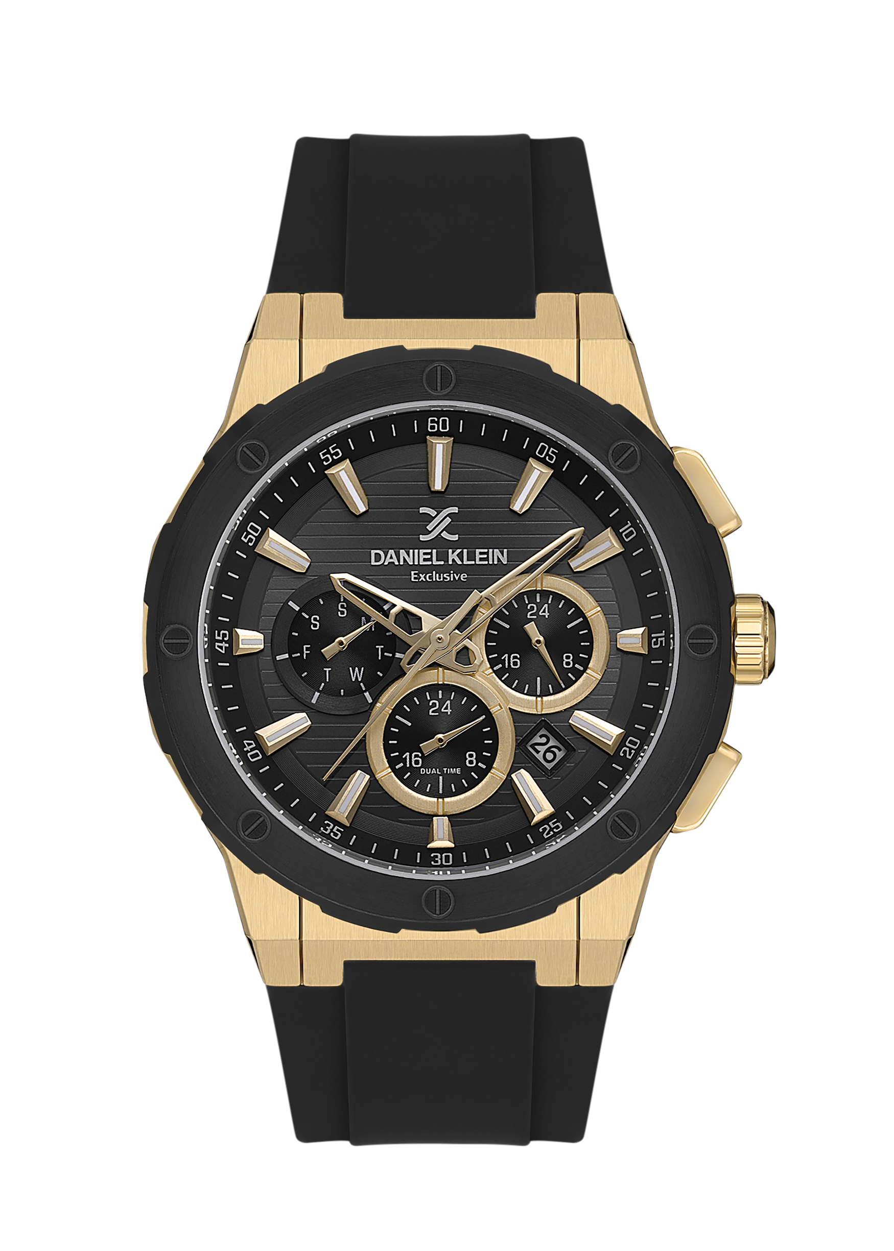 Black and gold watch with Daniel Klein branding on a white background