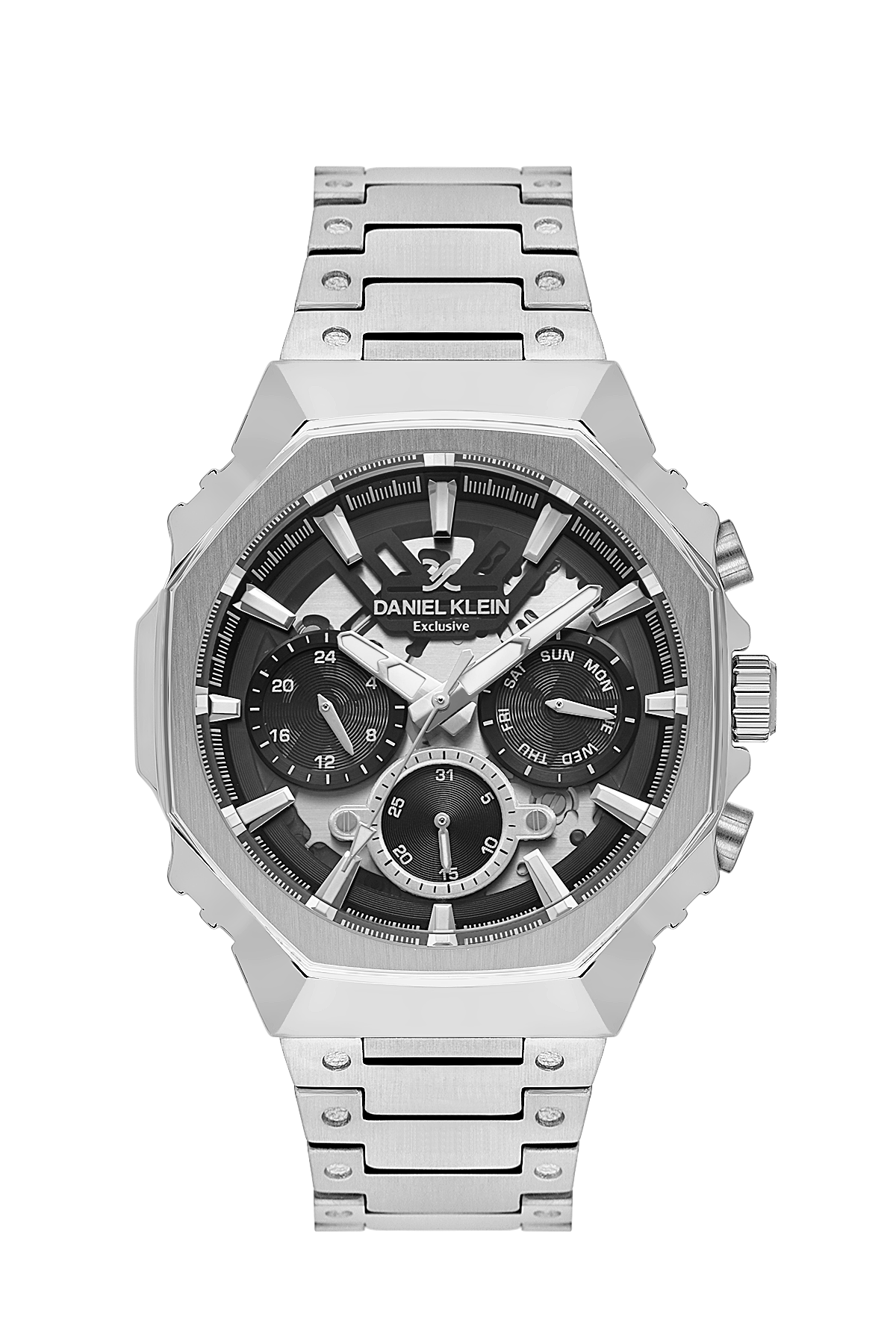 Silver watch with black face on a white background