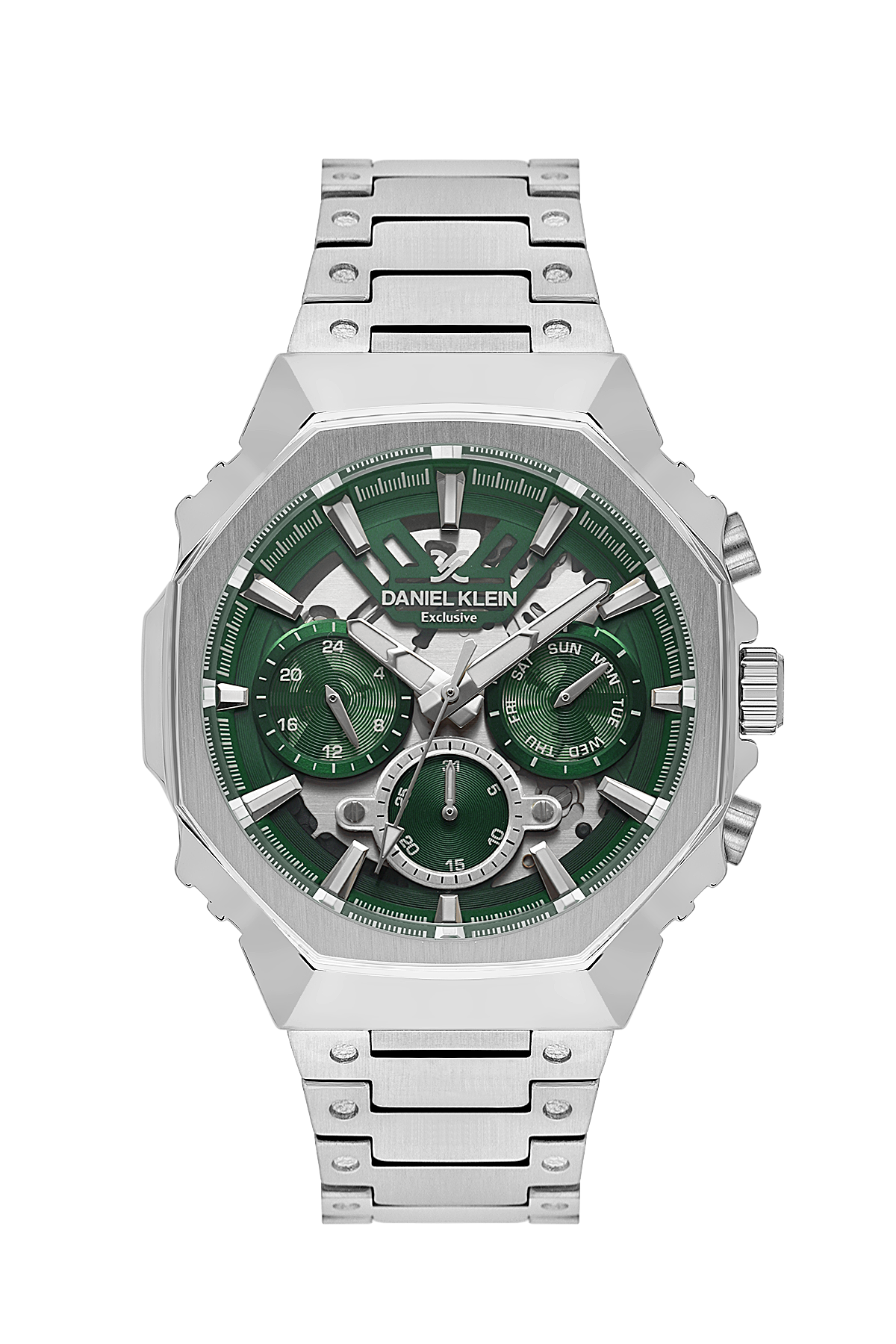Silver watch with green face on a white background