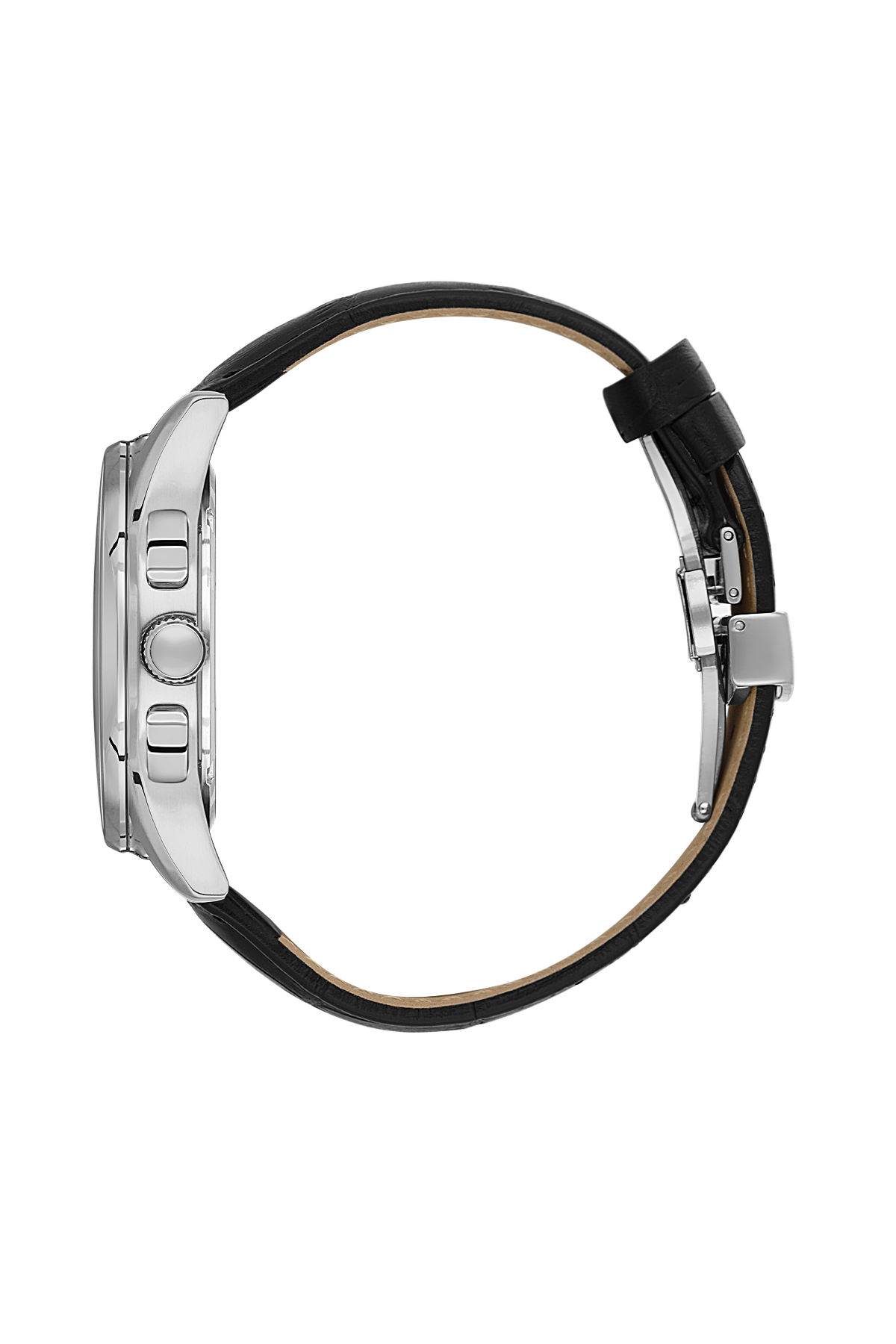 Close-up of a watch with a black strap on a white background