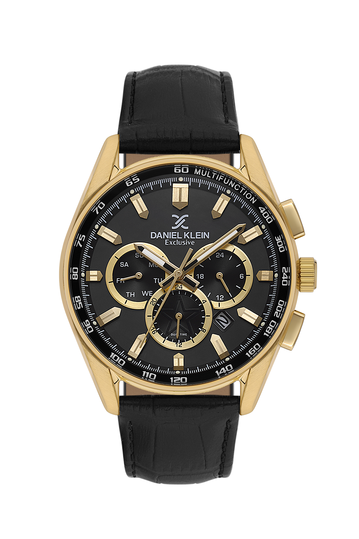 Gold and black watch with detailed face on a white background