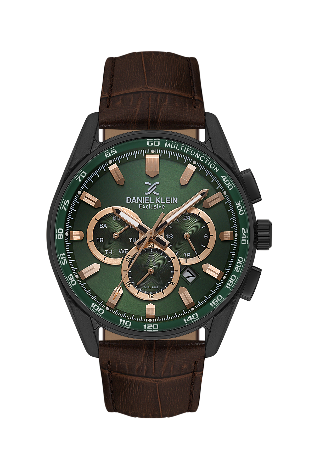 Daniel Klein watch with green dial and brown leather strap on a white background