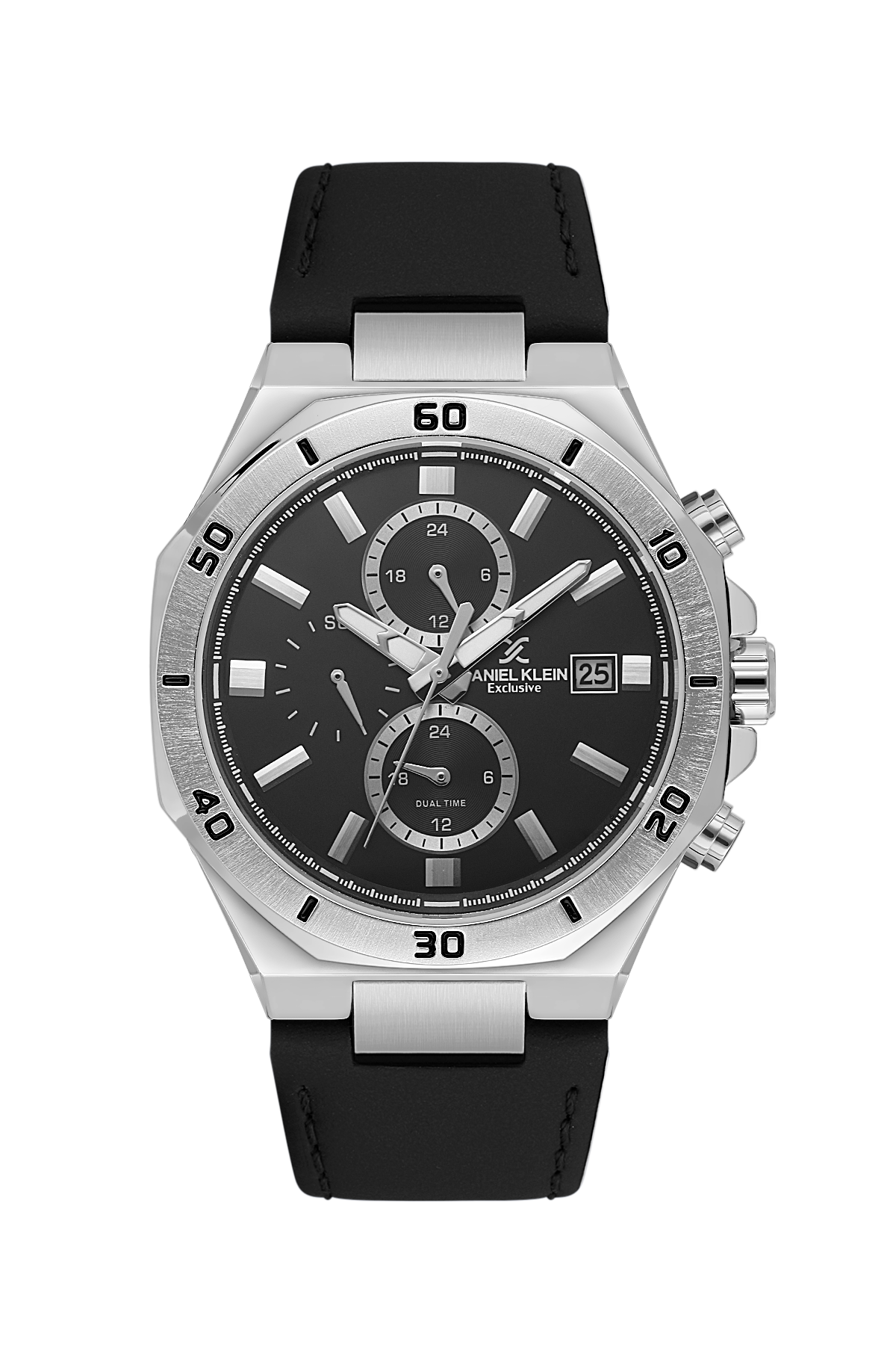 Black watch with silver case and black strap on a white background