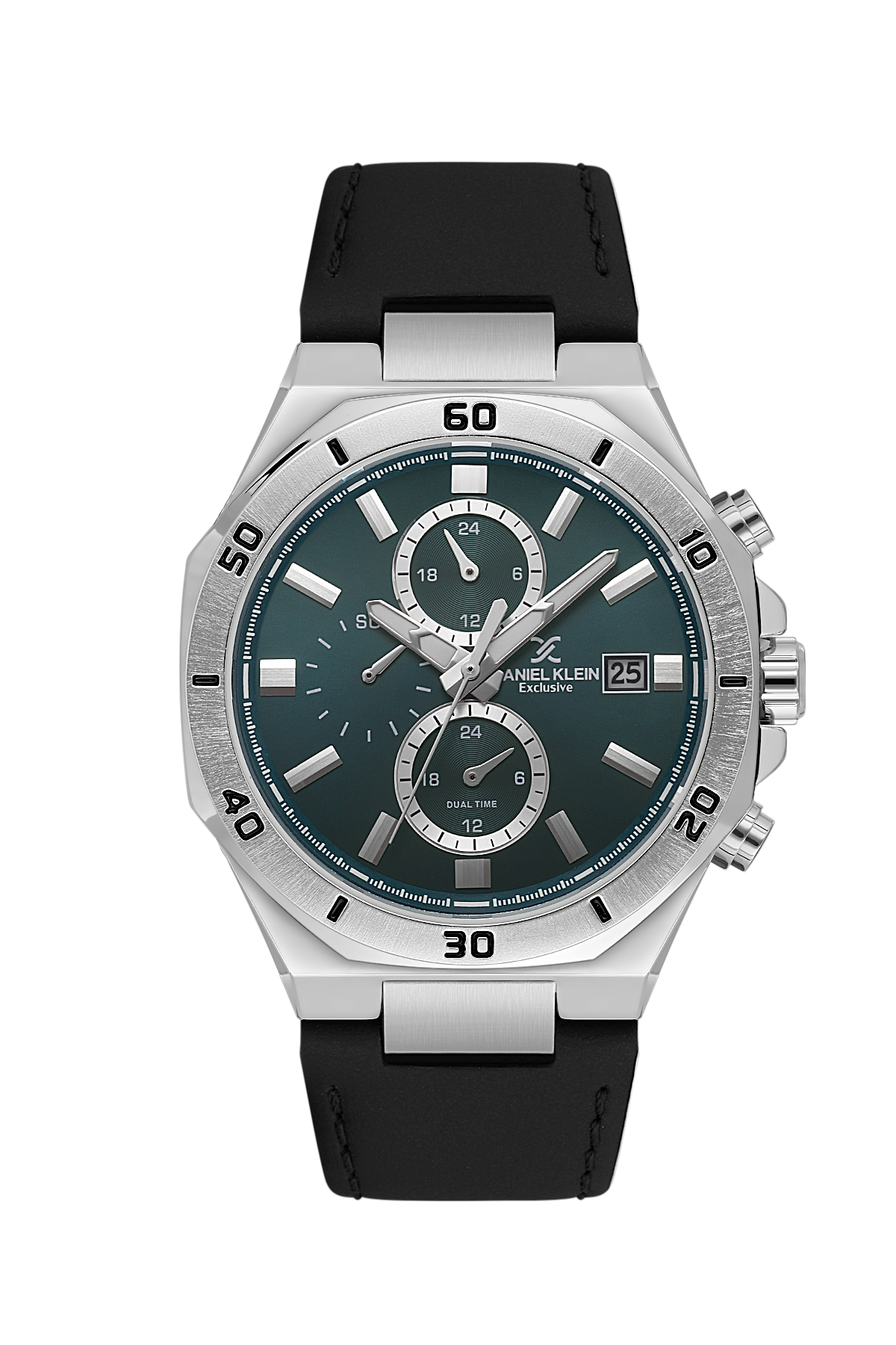 Wristwatch with black strap and silver case on a white background