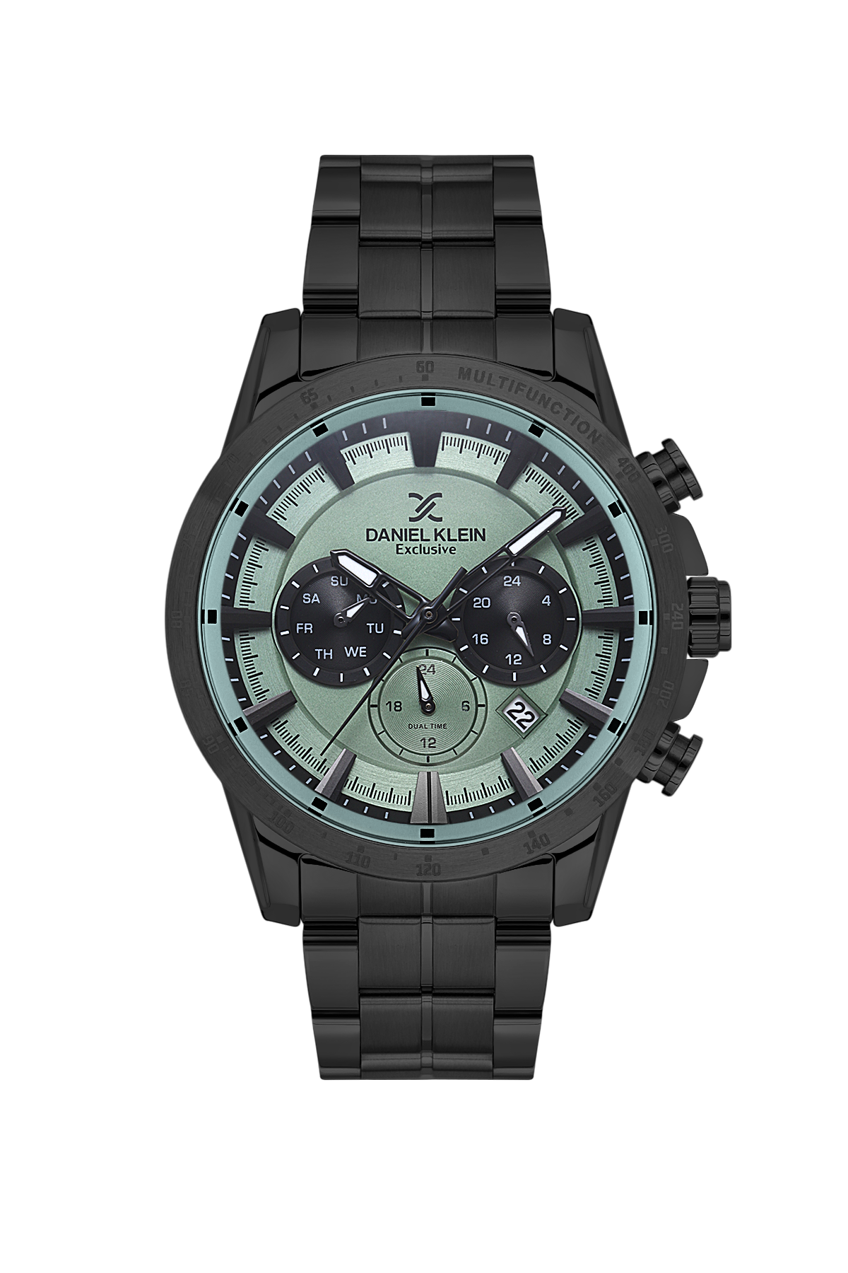 Black watch with a detailed face on a white background