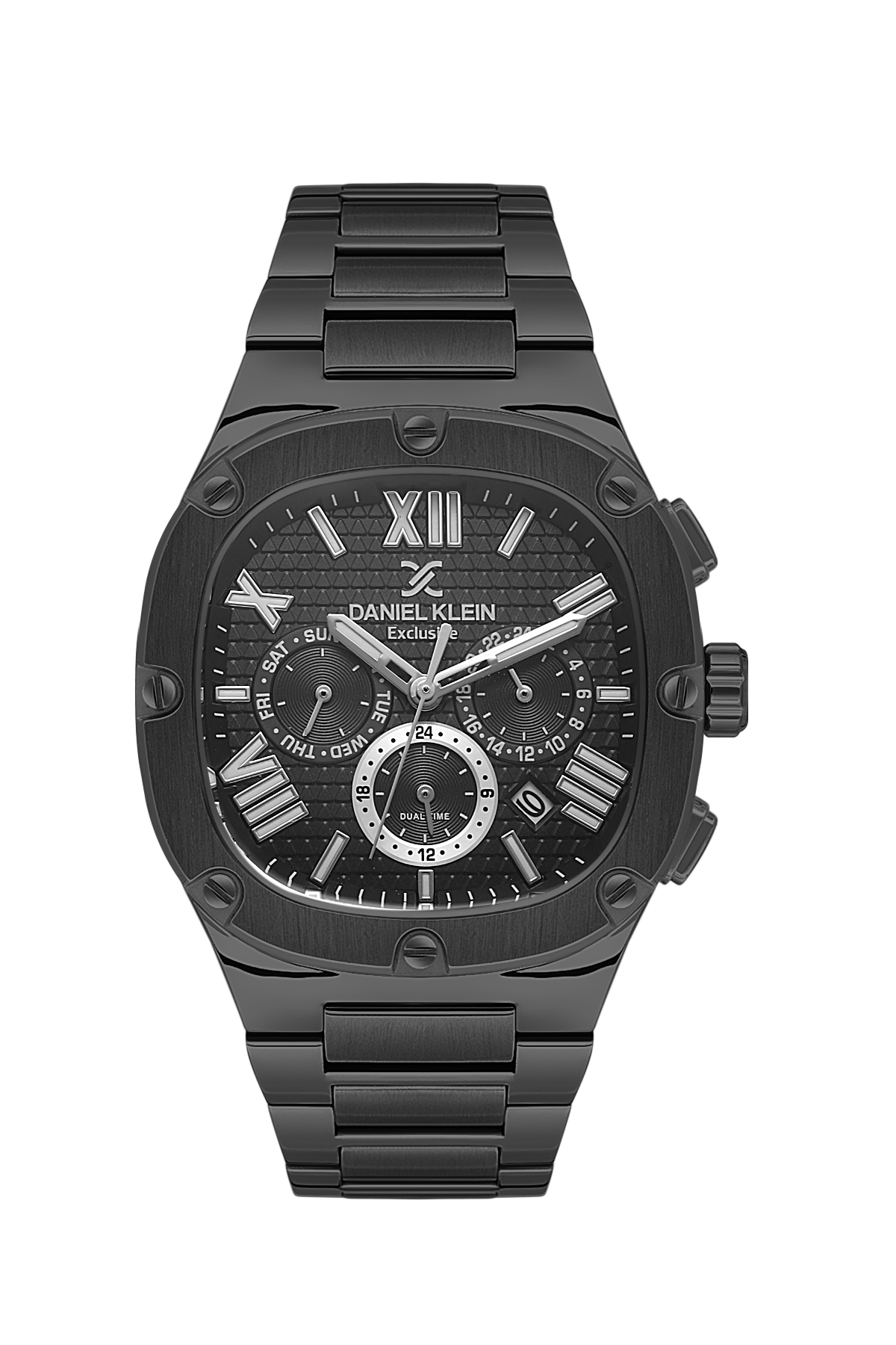 Black Daniel Klein watch with detailed face on a white background