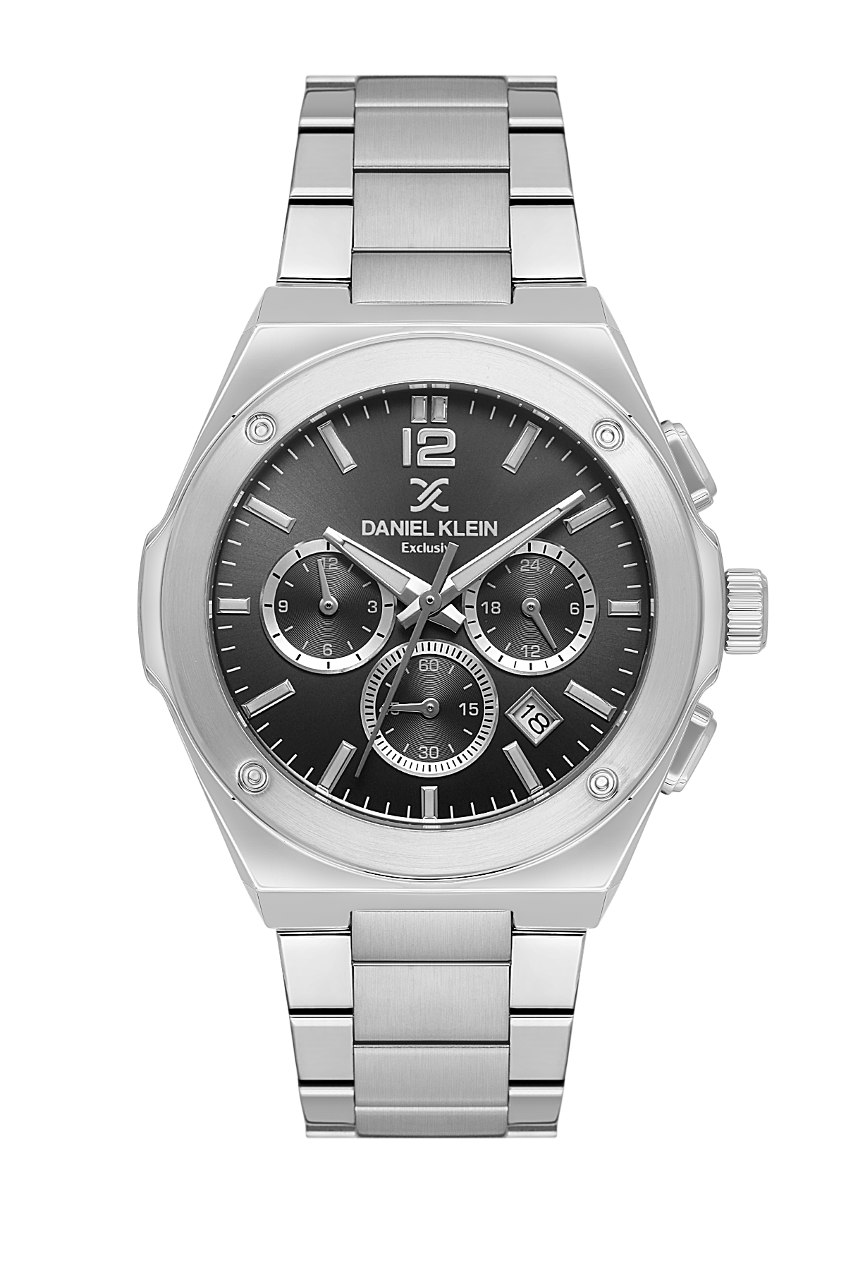 Silver watch with black dial on a white background