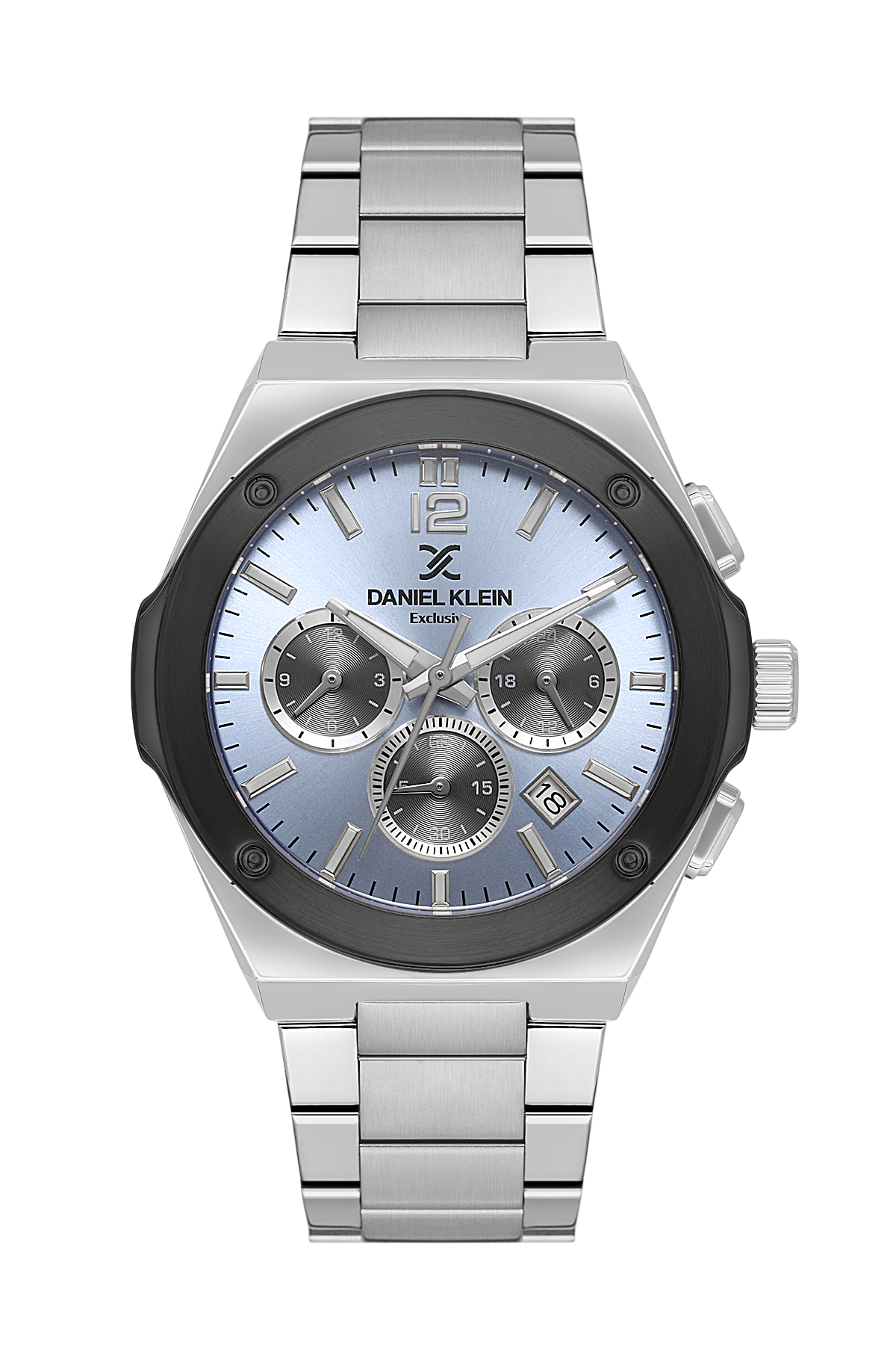 Silver watch with a blue face on a white background
