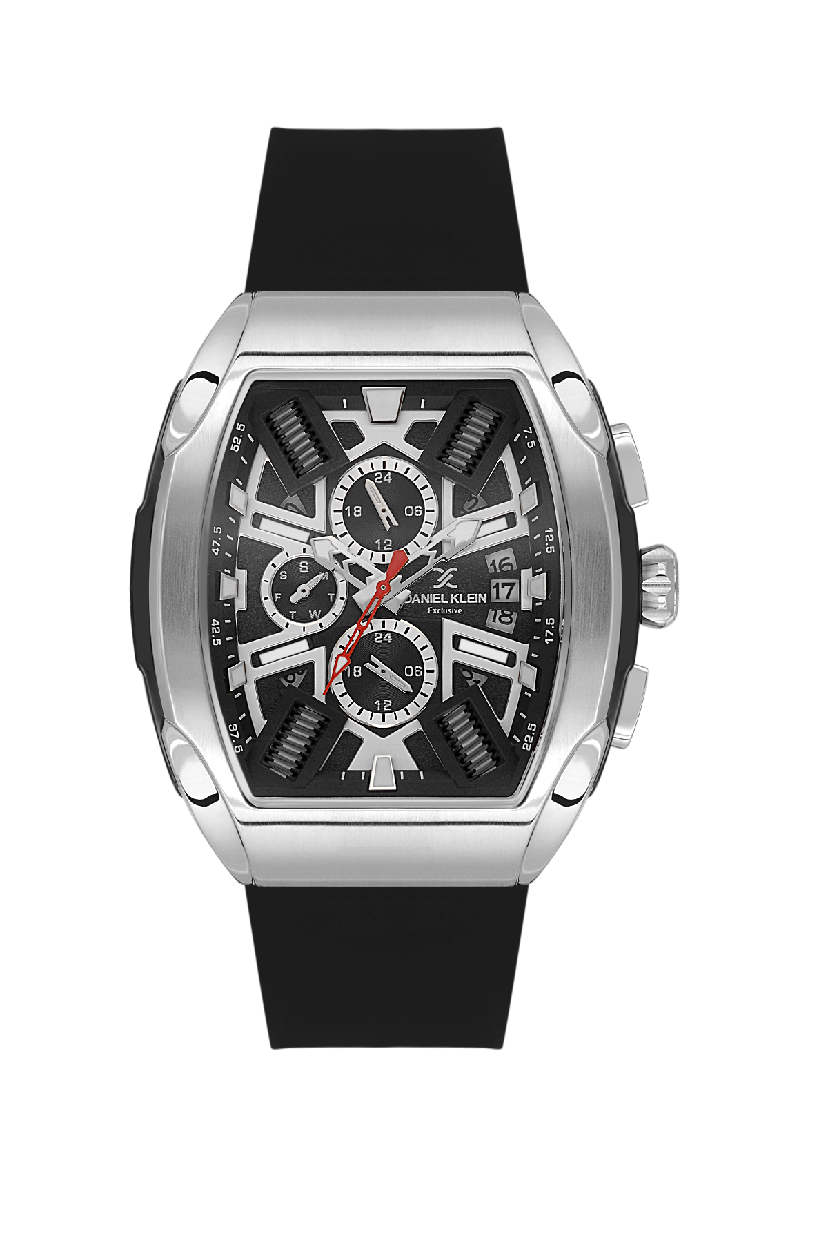 Black and silver watch with detailed face on a white background