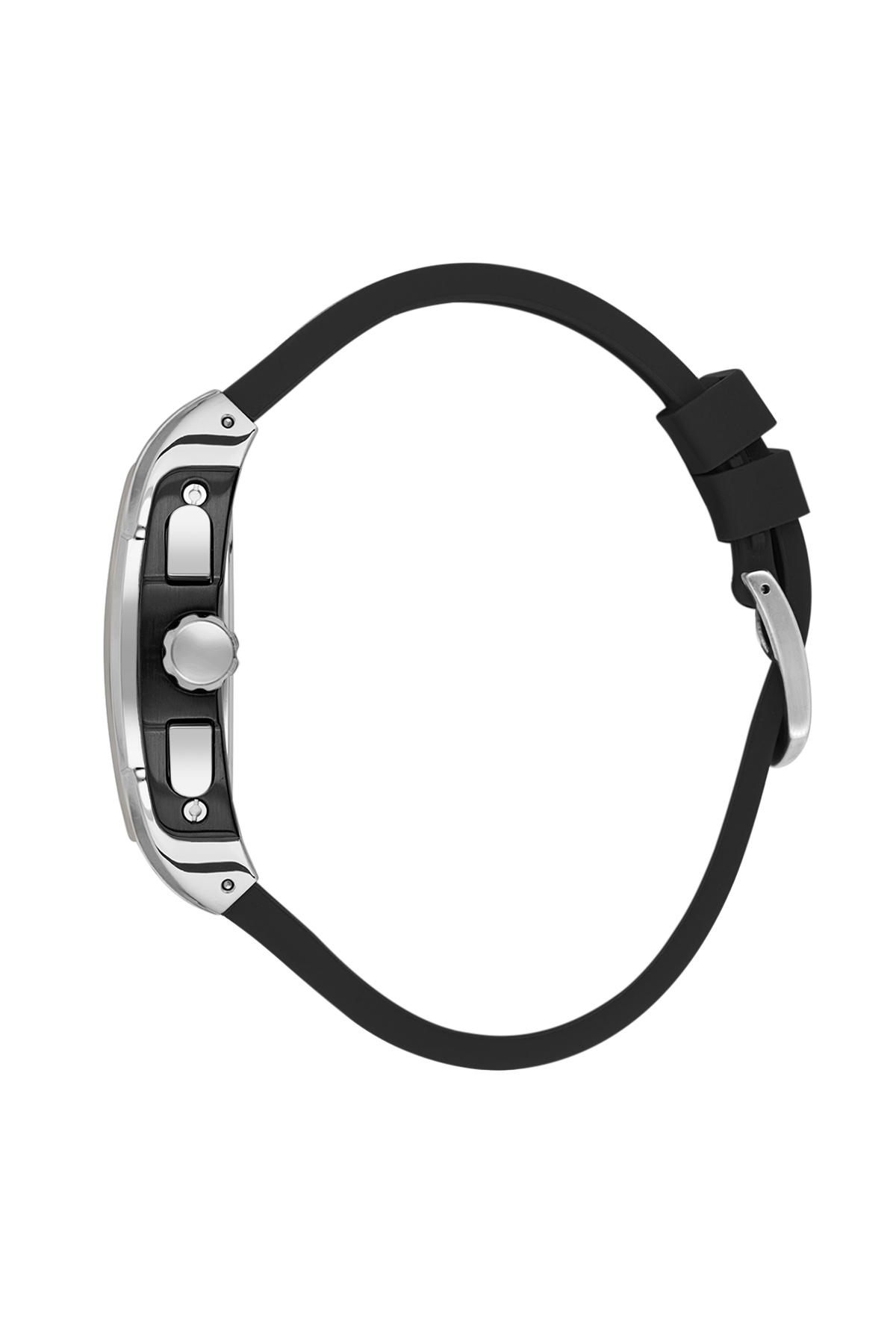 Black wristwatch with silver case on a white background