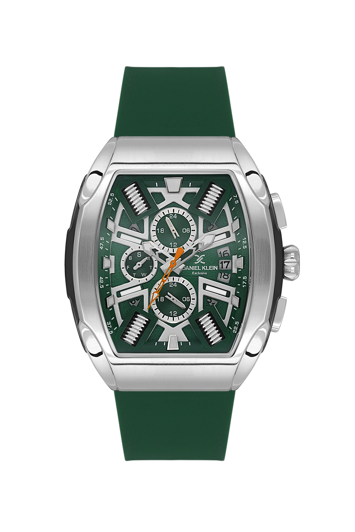 Green watch with detailed face on a white background