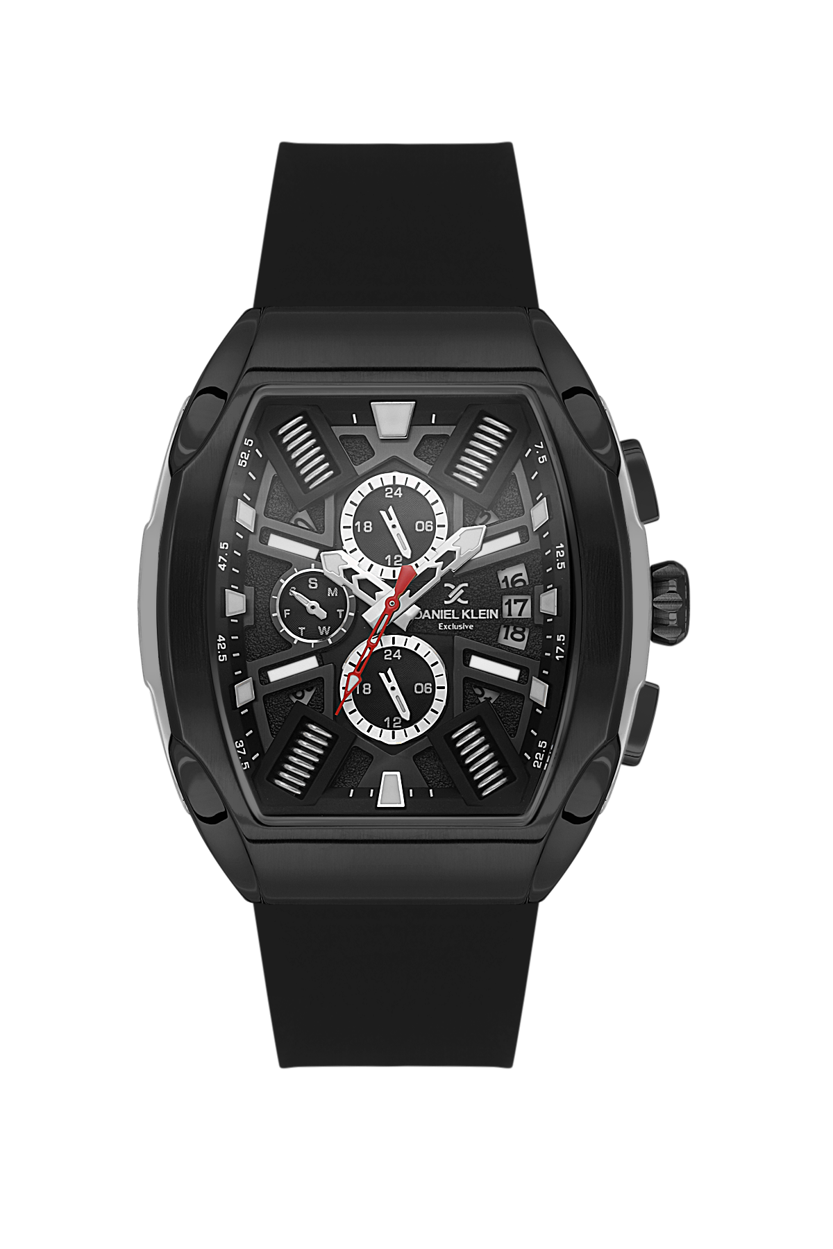 Black watch with detailed face on a white background