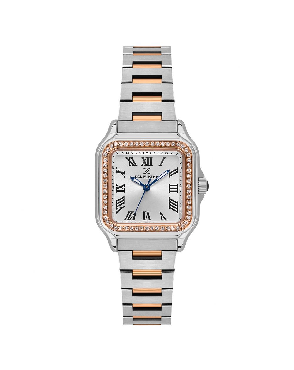 Two-tone watch with rose gold and silver band on a white background