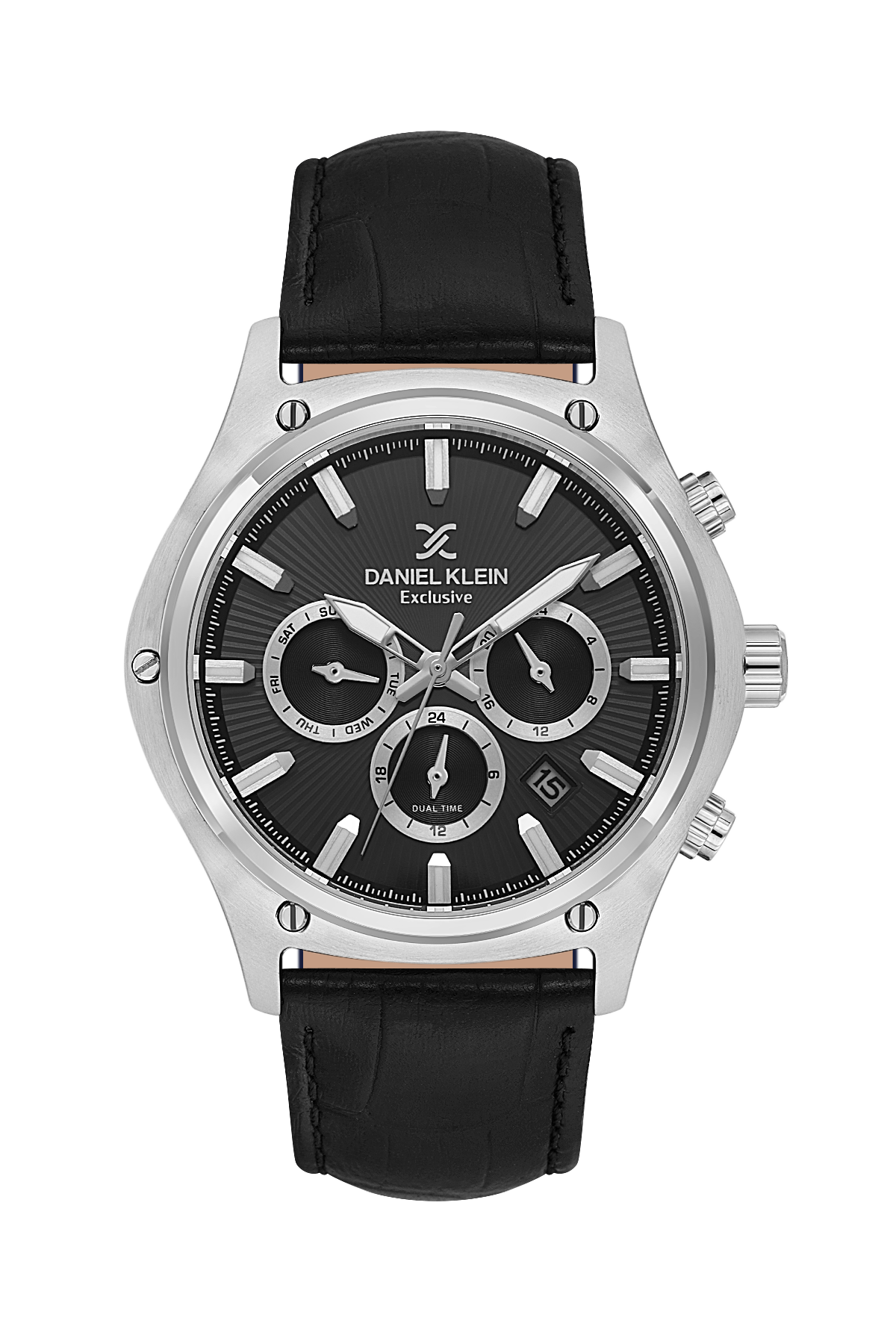 Black watch with silver case and black leather strap on a white background