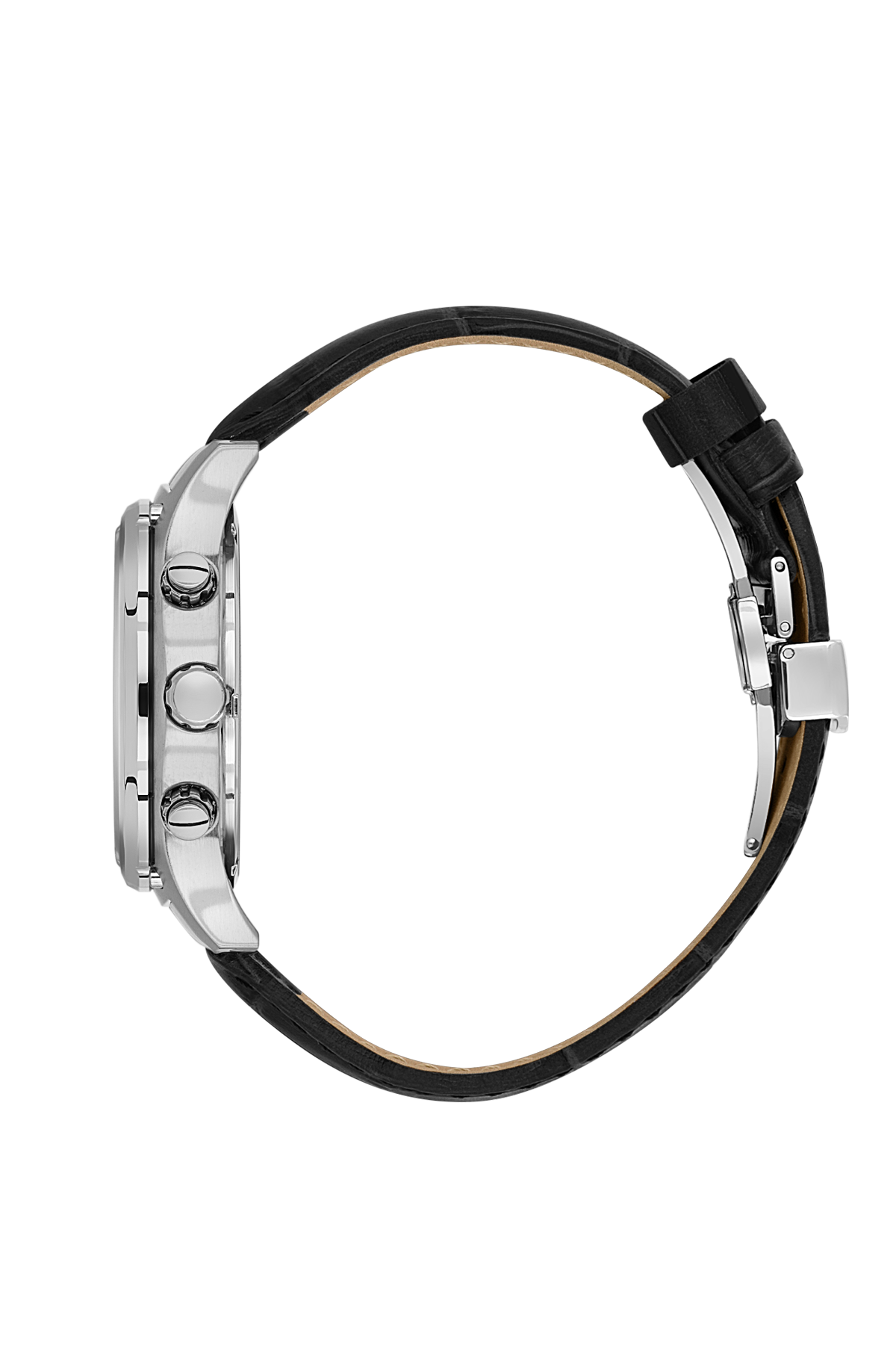 Watch with black strap and silver case on a white background