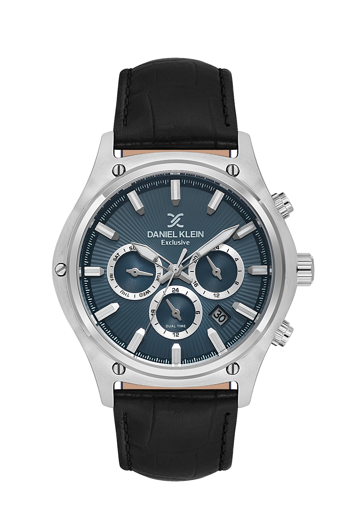 Daniel Klein watch with black leather strap and blue dial on a white background