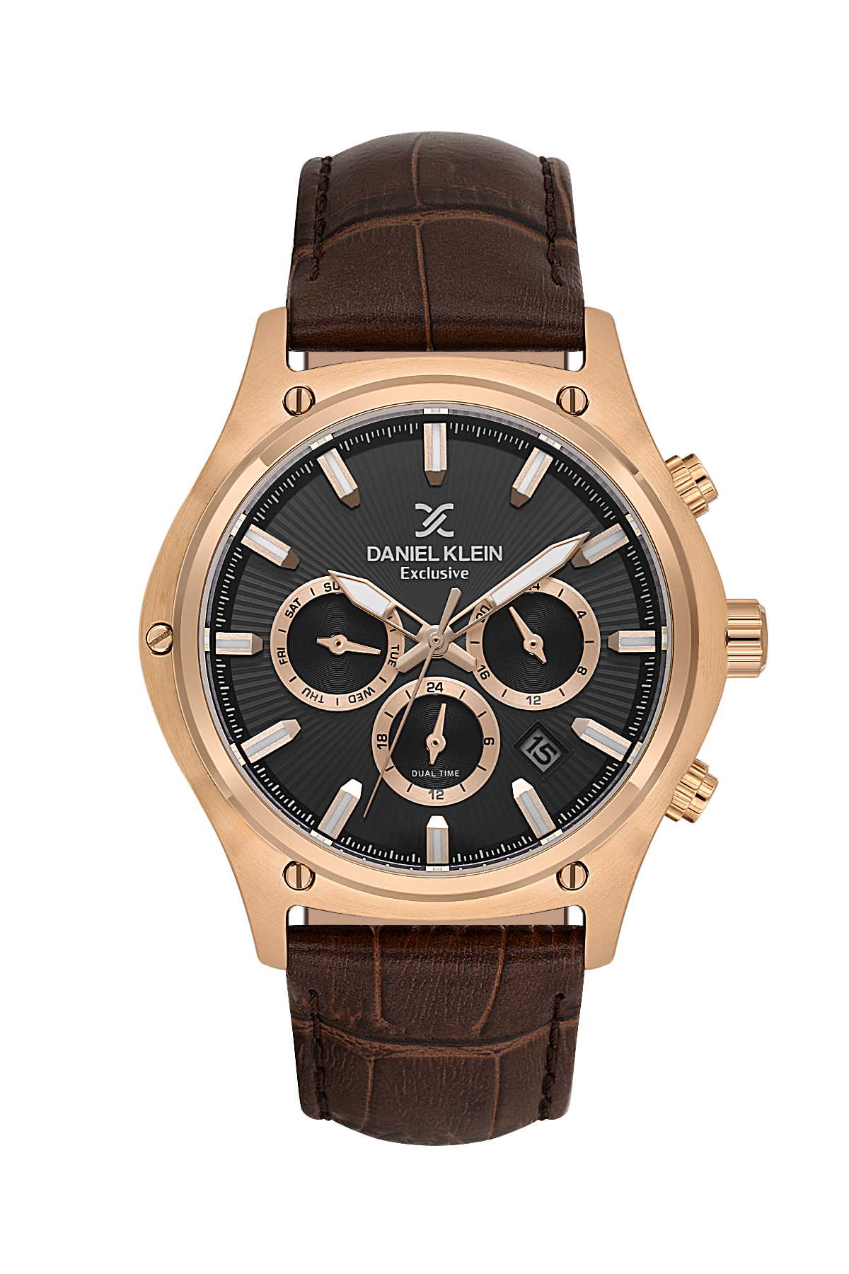 Daniel Klein watch with brown leather strap and rose gold case on white background