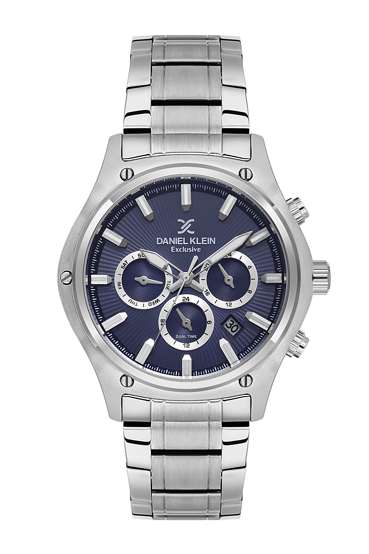 Silver watch with a blue face on a white background