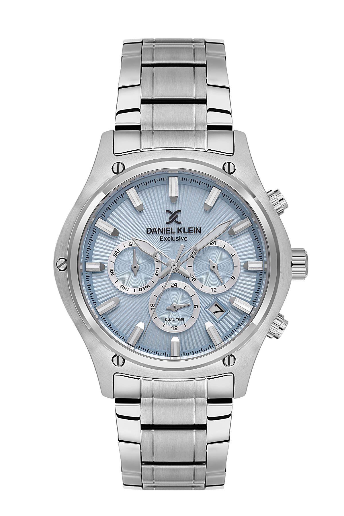 Silver watch with blue face on a white background