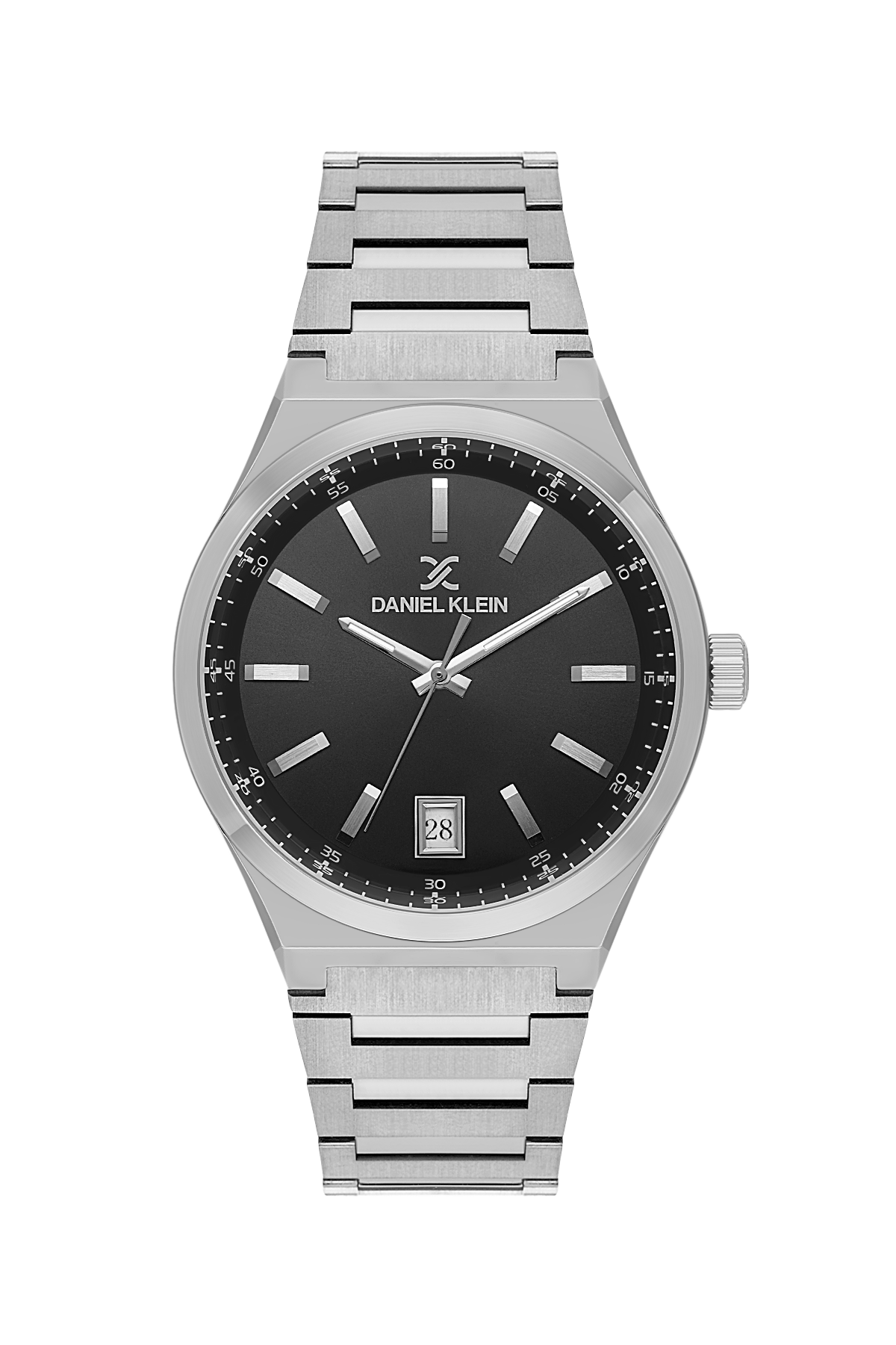 Silver watch with black dial on a white background