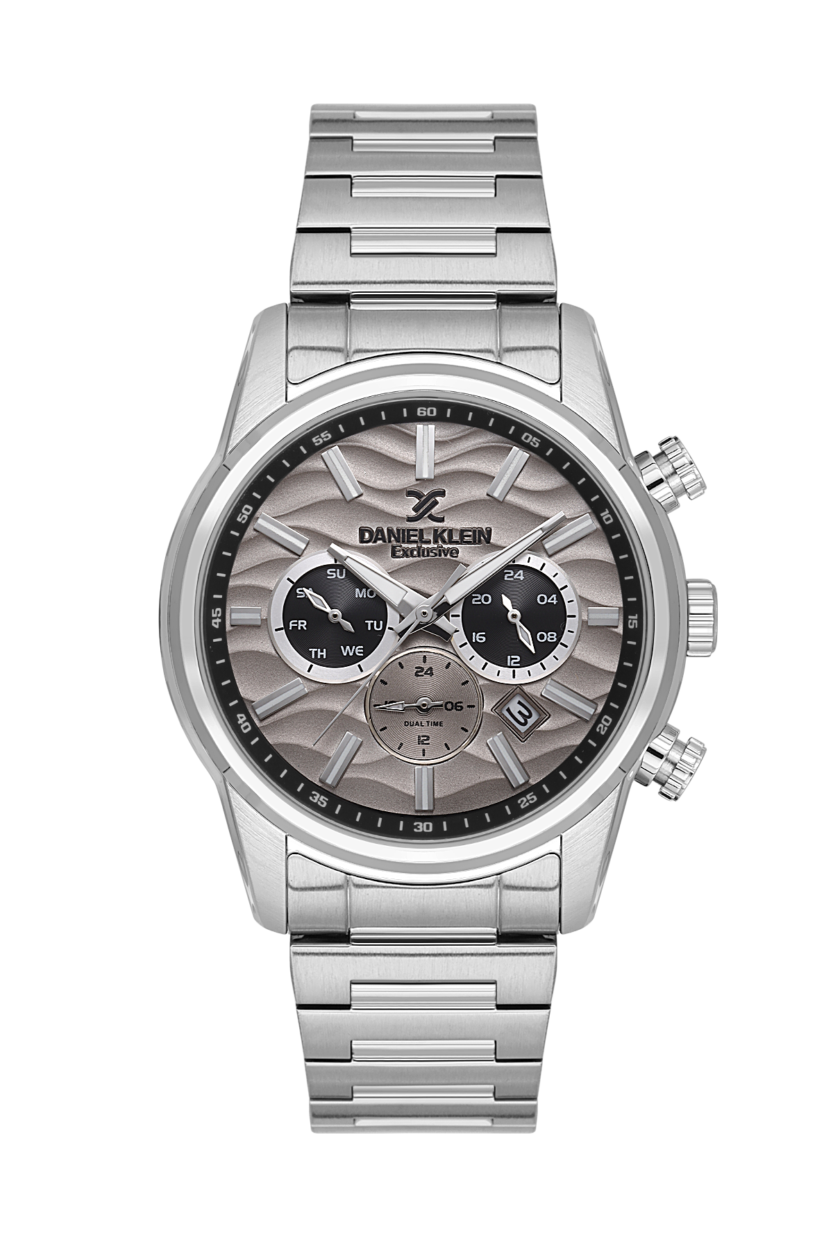 Silver watch with a detailed face on a white background