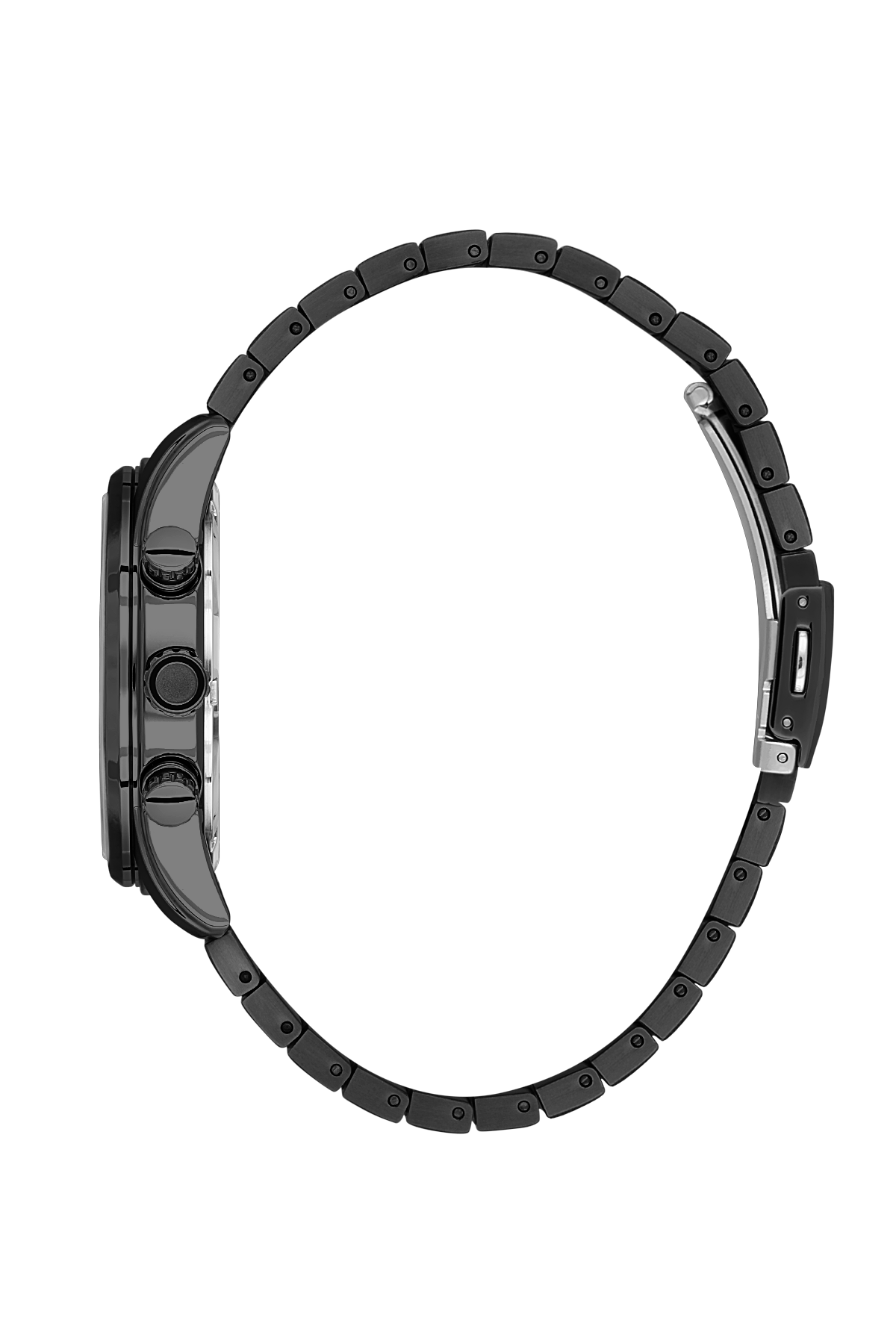 Black watch with a detailed band design on a white background