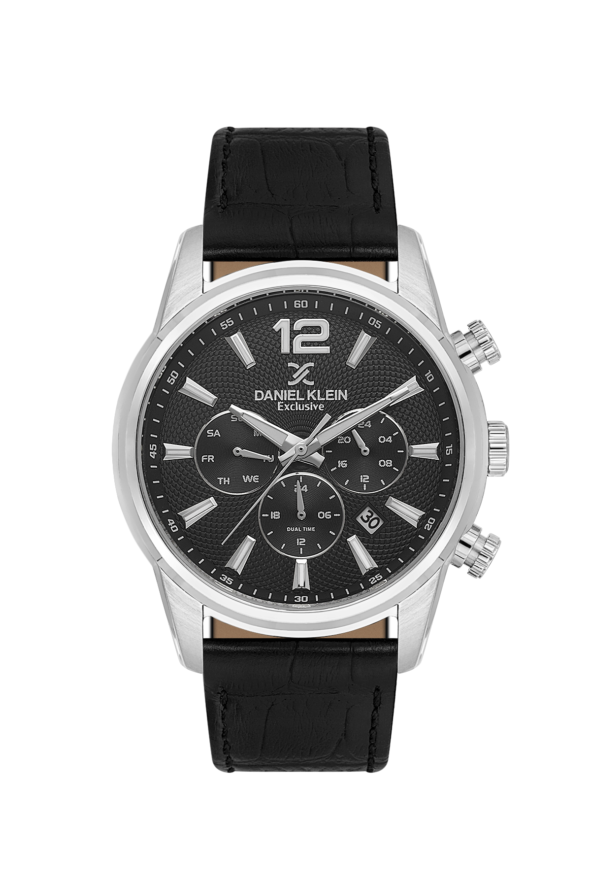 Black watch with silver case and detailed face on a white background