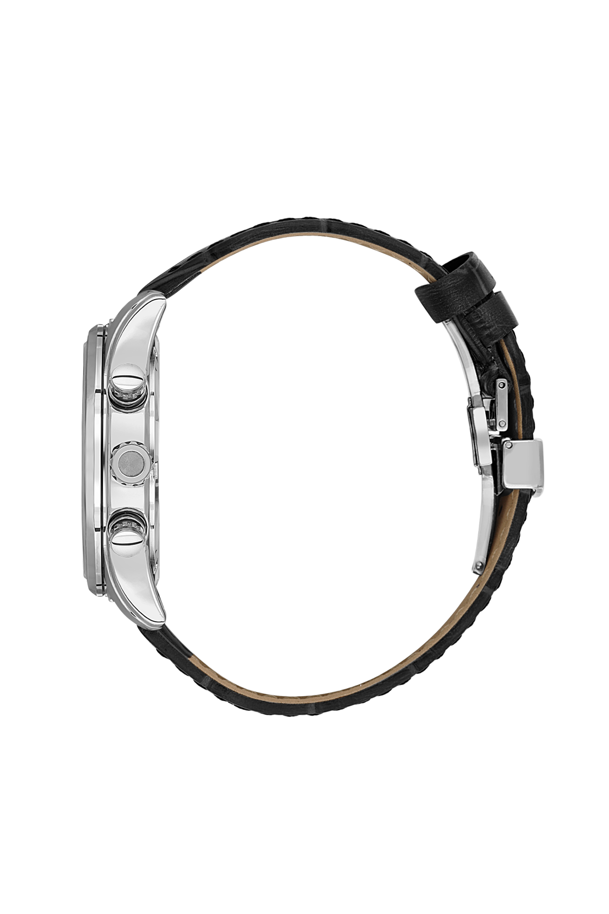 Close-up of a watch with a black strap and silver case on a white background