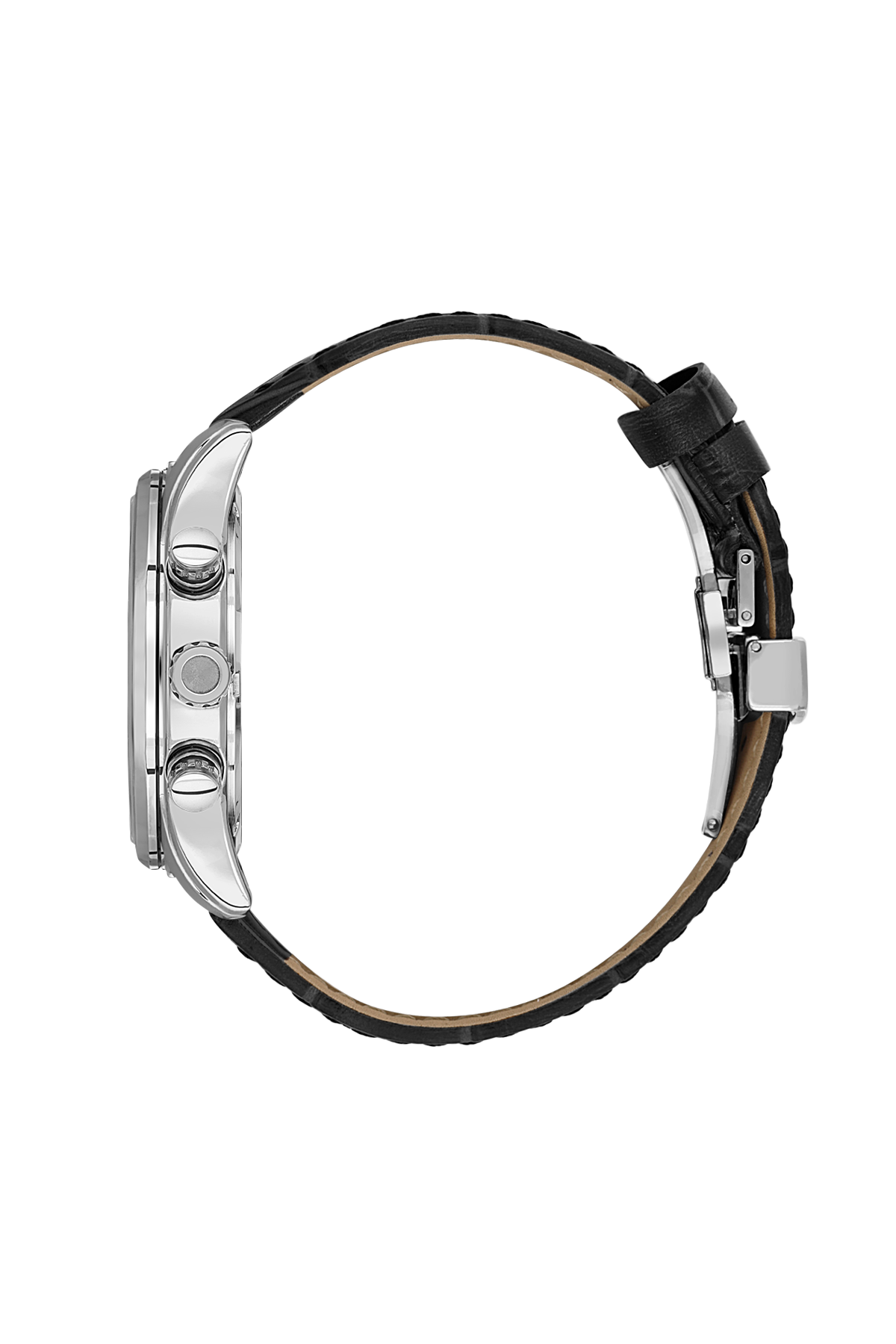 Close-up of a watch with a black strap on a white background