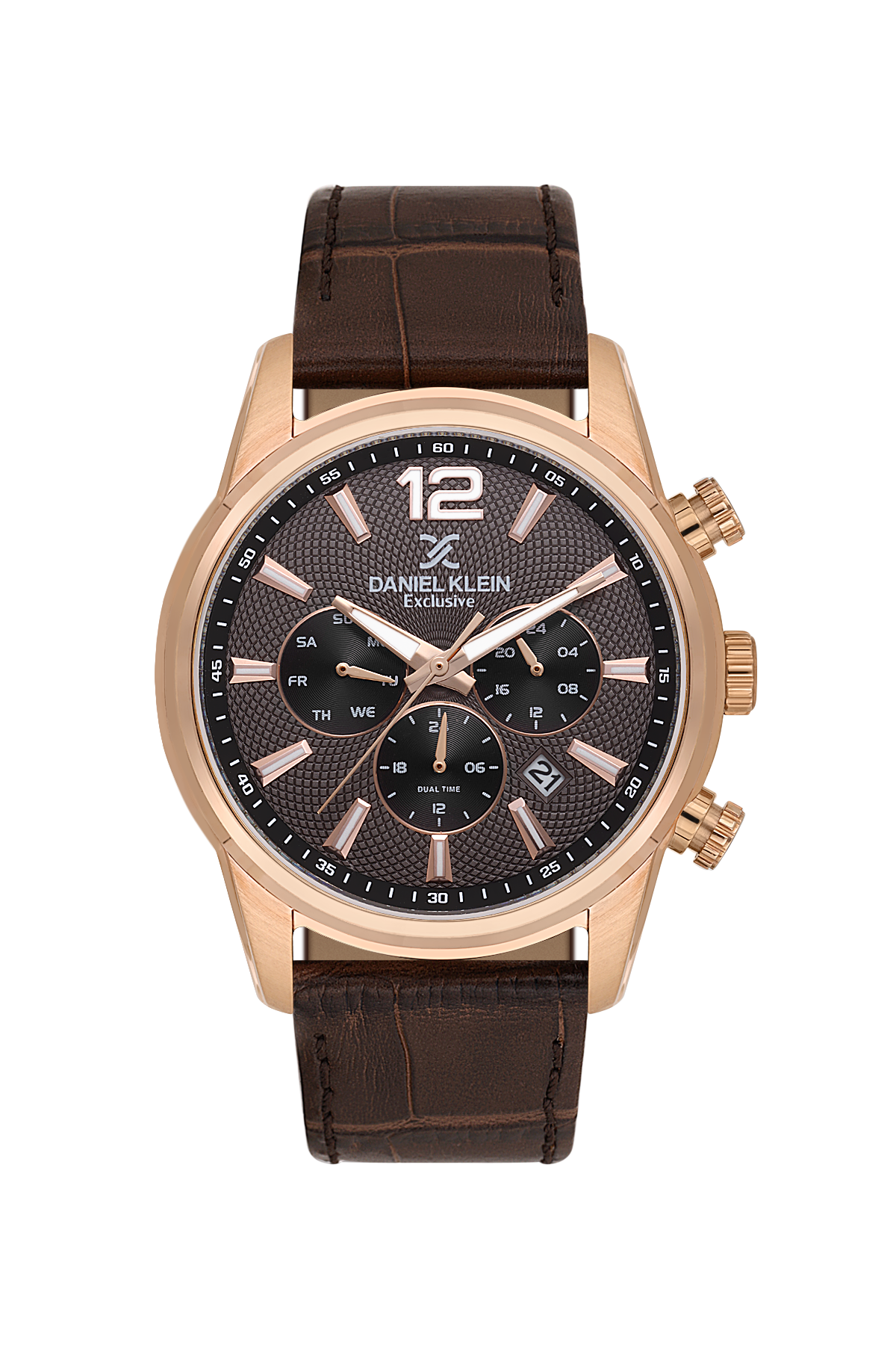 Daniel Klein watch with brown leather strap and rose gold case on white background