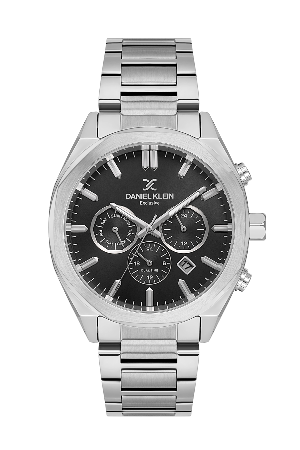 Silver watch with black dial on a white background