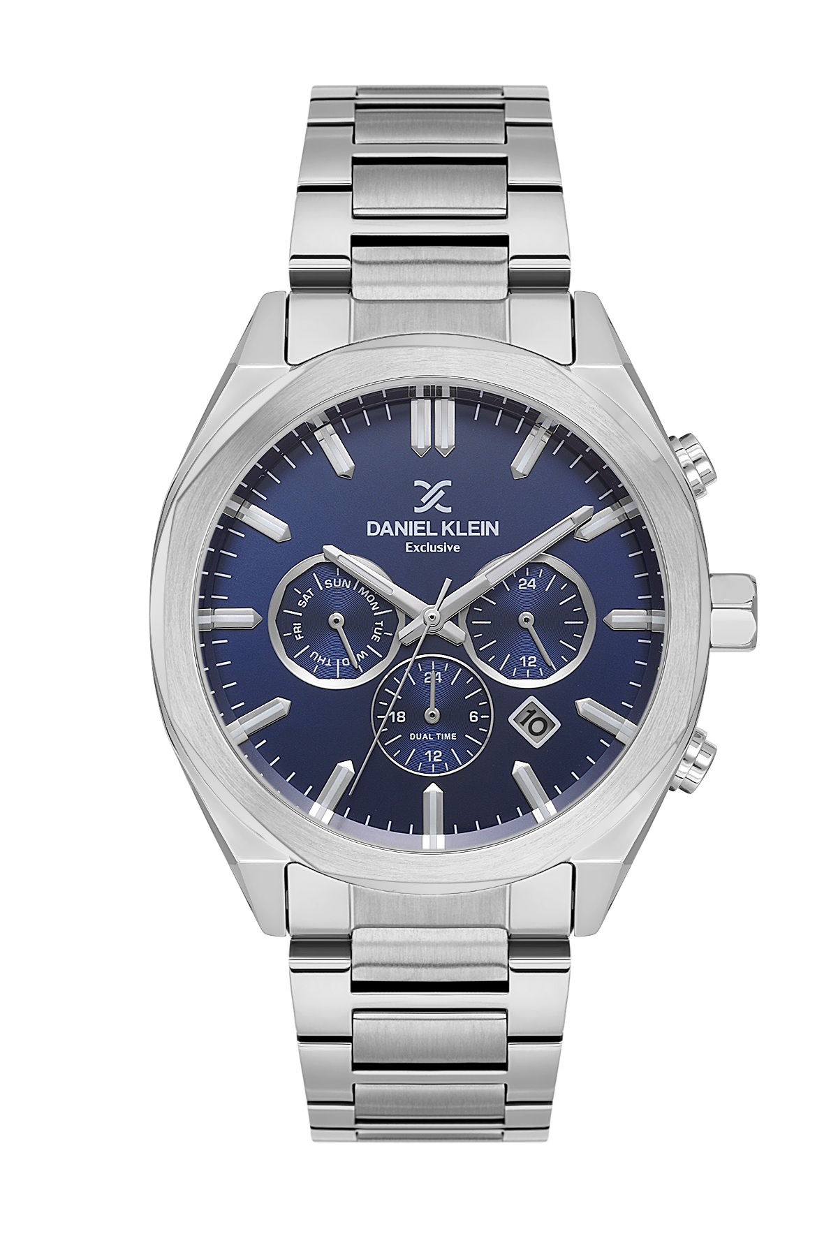 Silver watch with blue dial on a white background