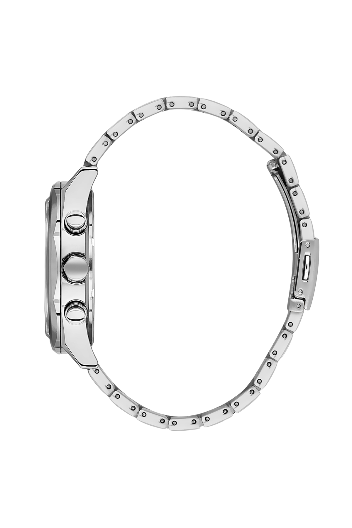 Silver watch case on a white background