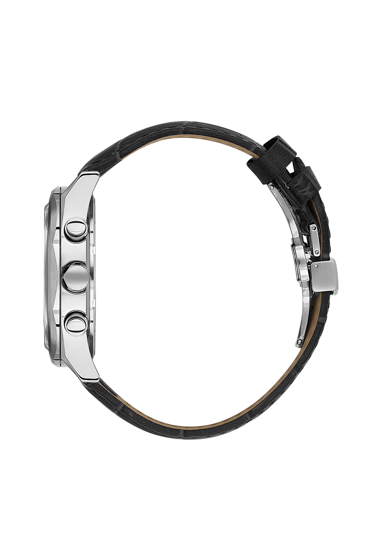 Close-up of a watch with a black strap and silver case on a white background