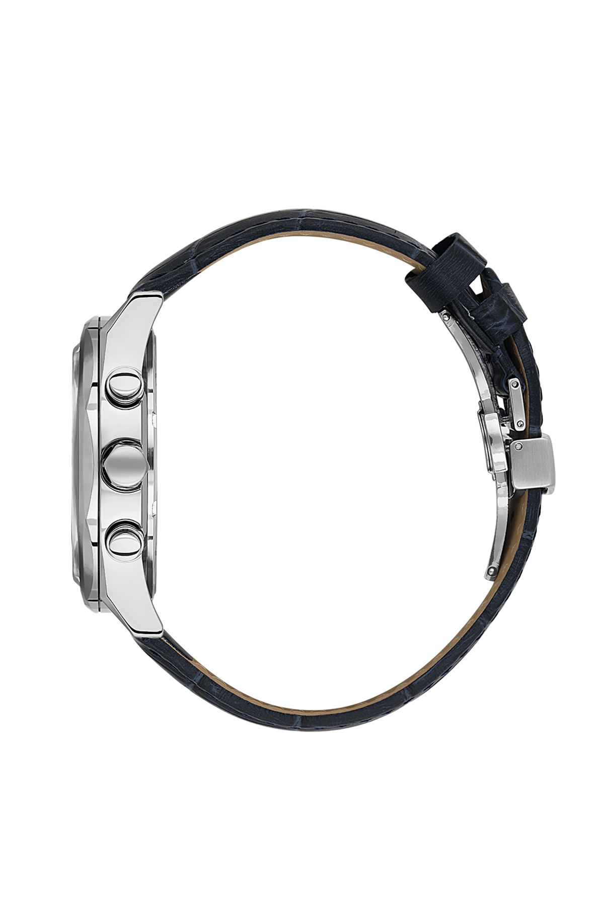 Wristwatch with black strap and silver case on a white background