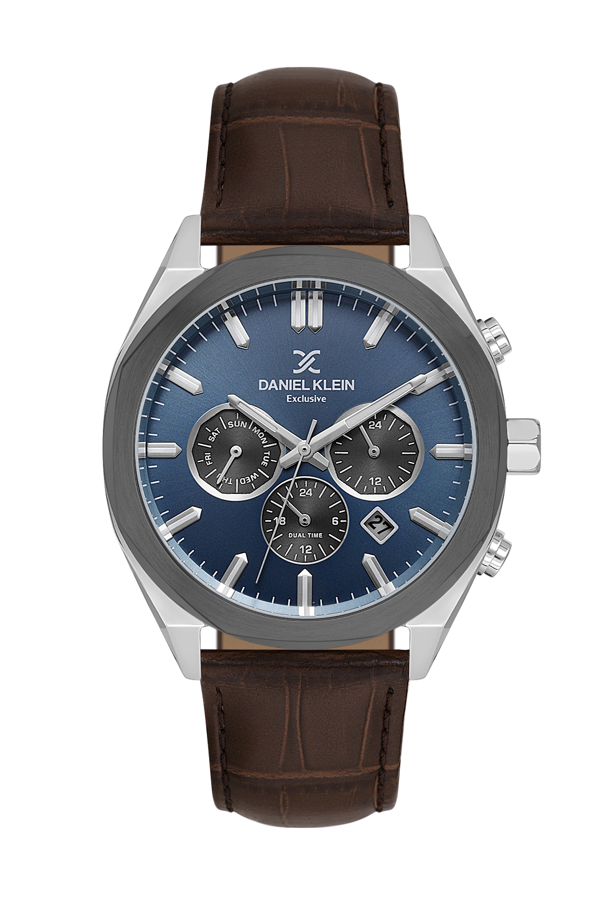 Daniel Klein watch with brown leather strap and blue dial on a white background