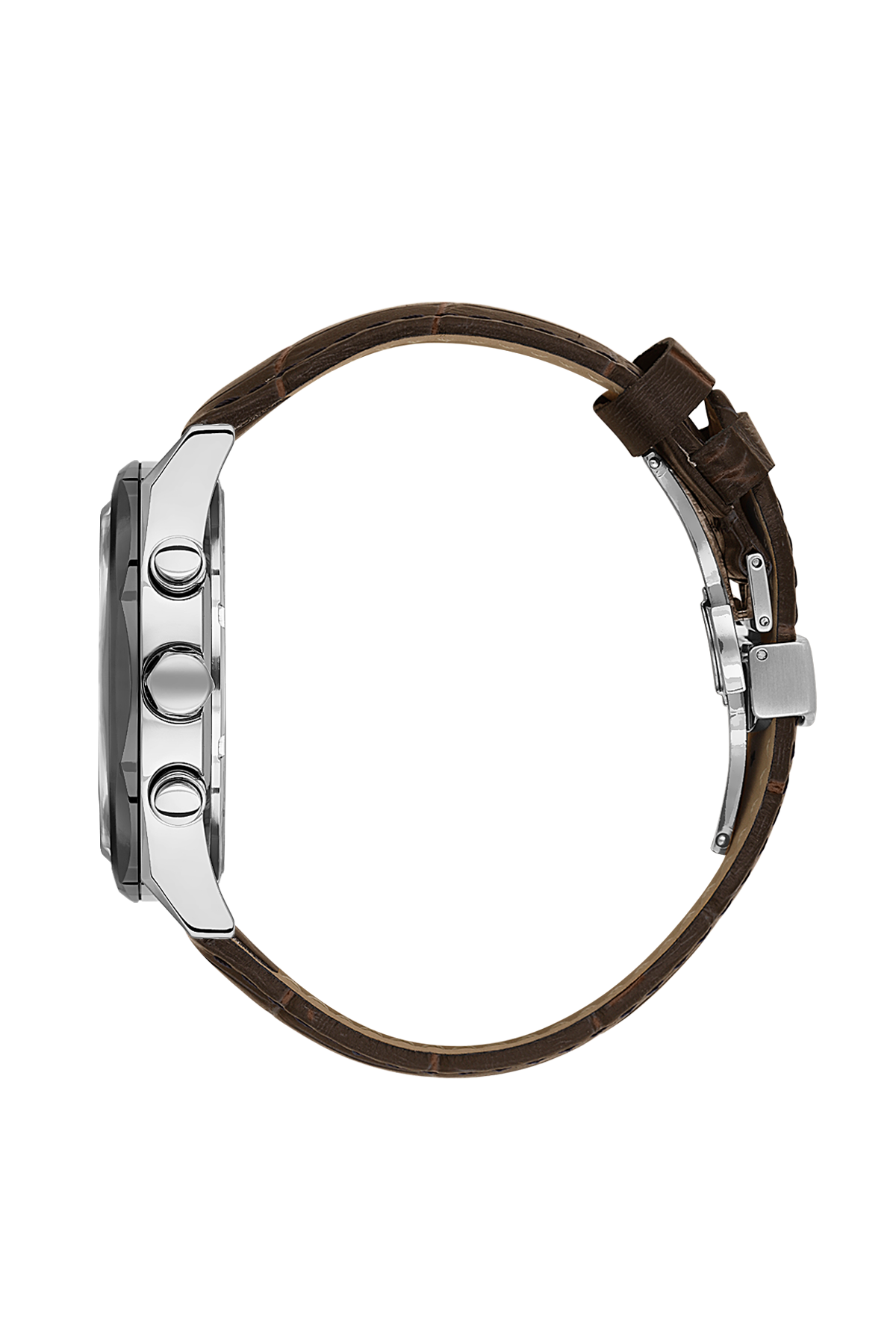 Close-up of a watch with a brown leather strap on a white background