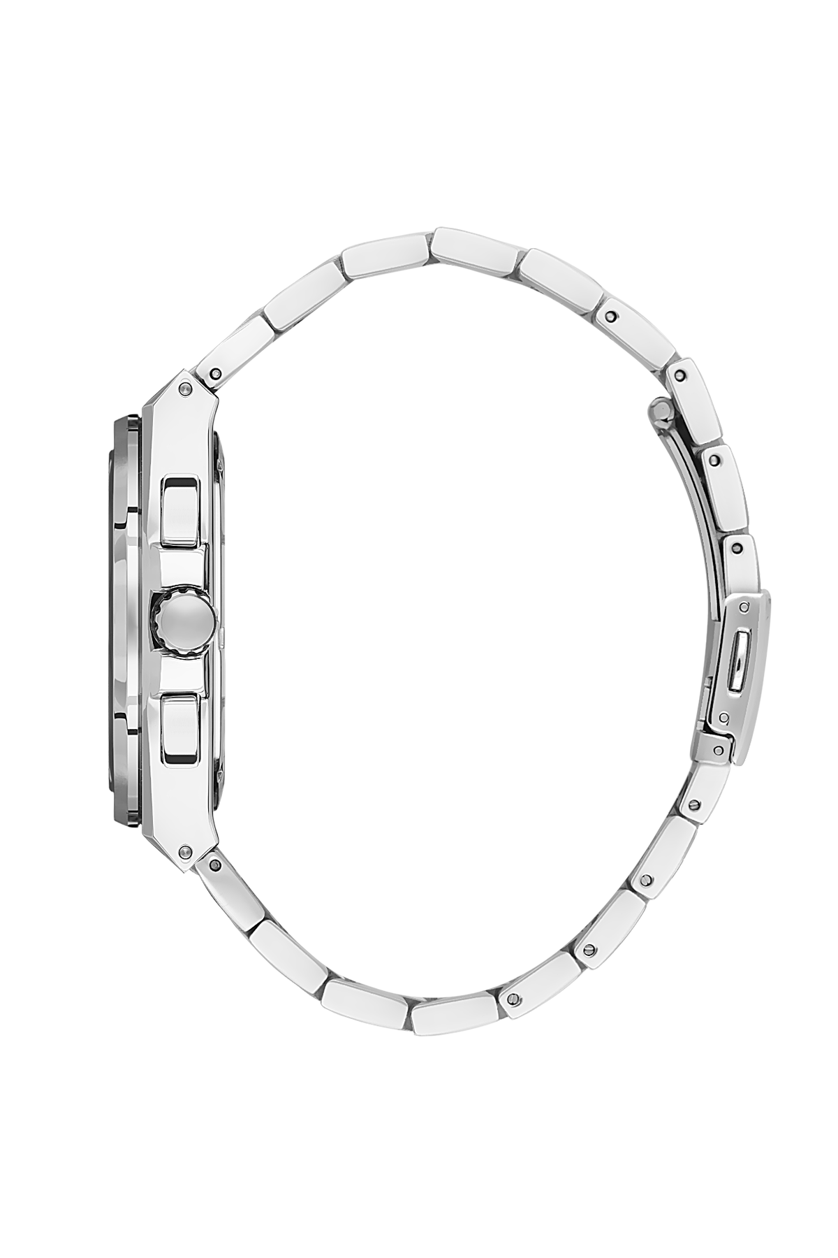 Close-up of a silver watch with detailed design on a white background