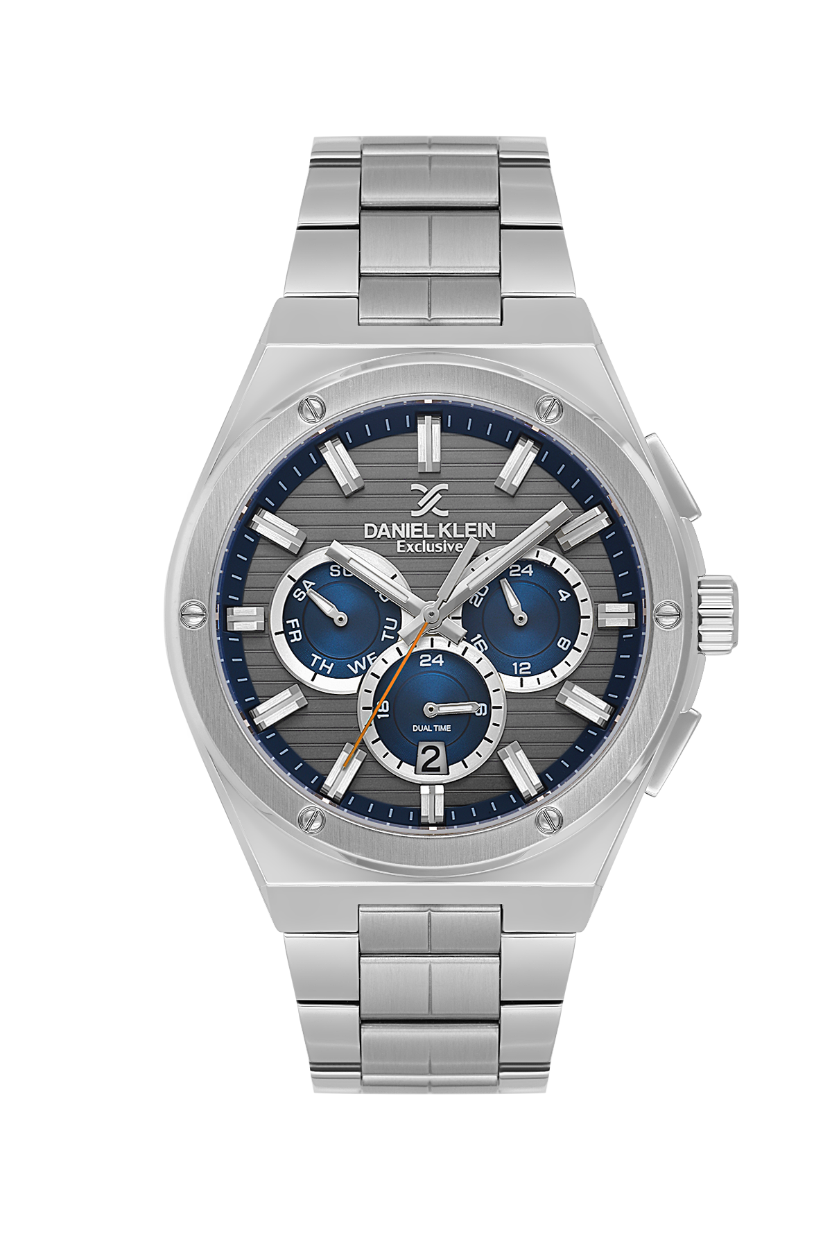 Silver watch with a blue face on a white background