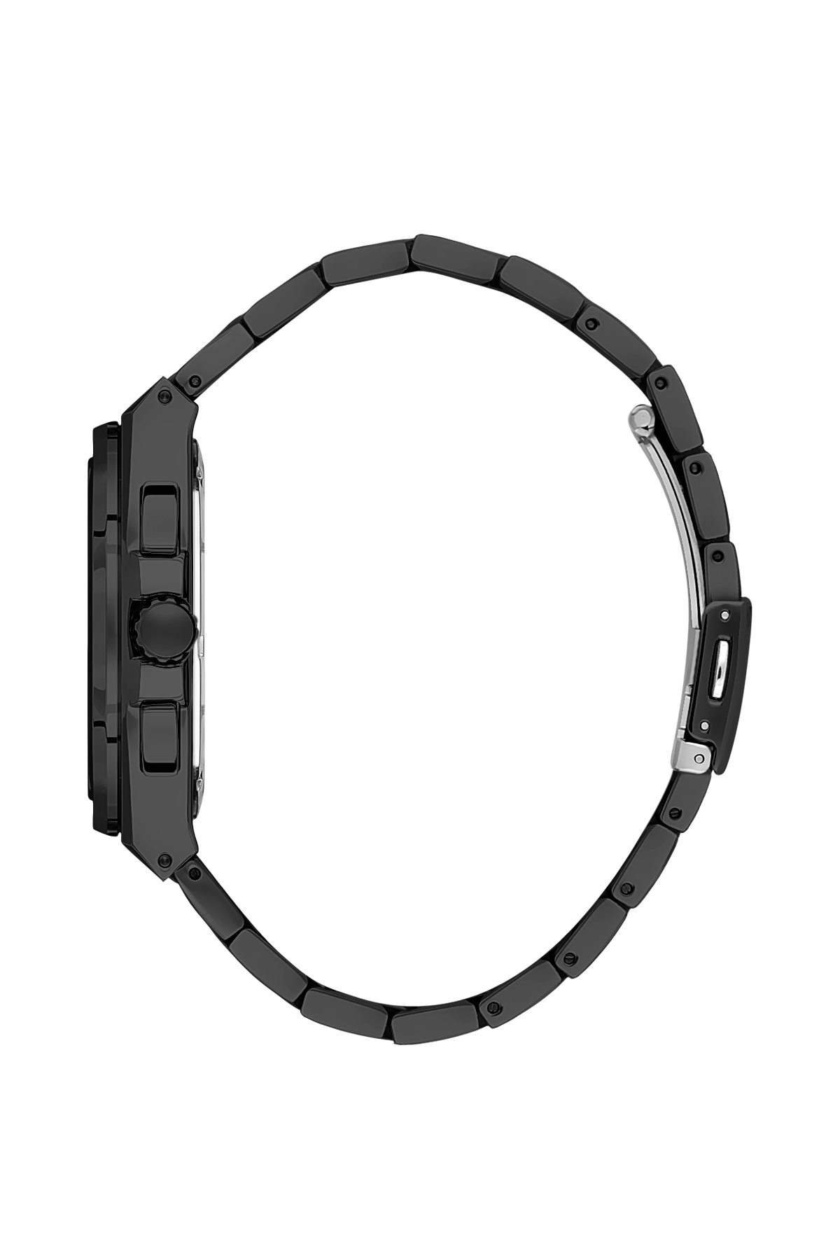 Black watch with metallic band on a white background