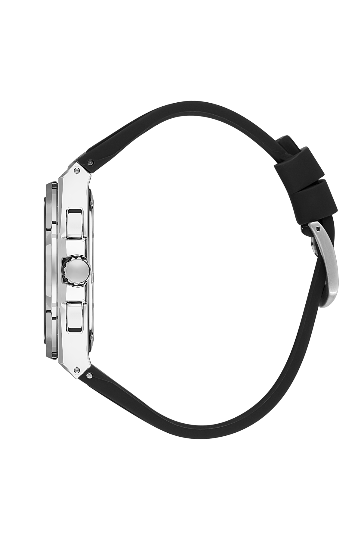 Wristwatch with black strap on a white background