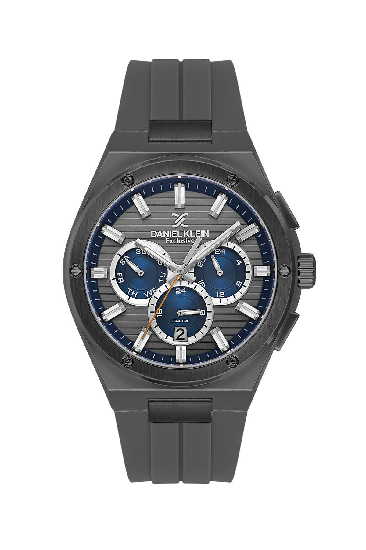 Gray watch with blue face on a white background